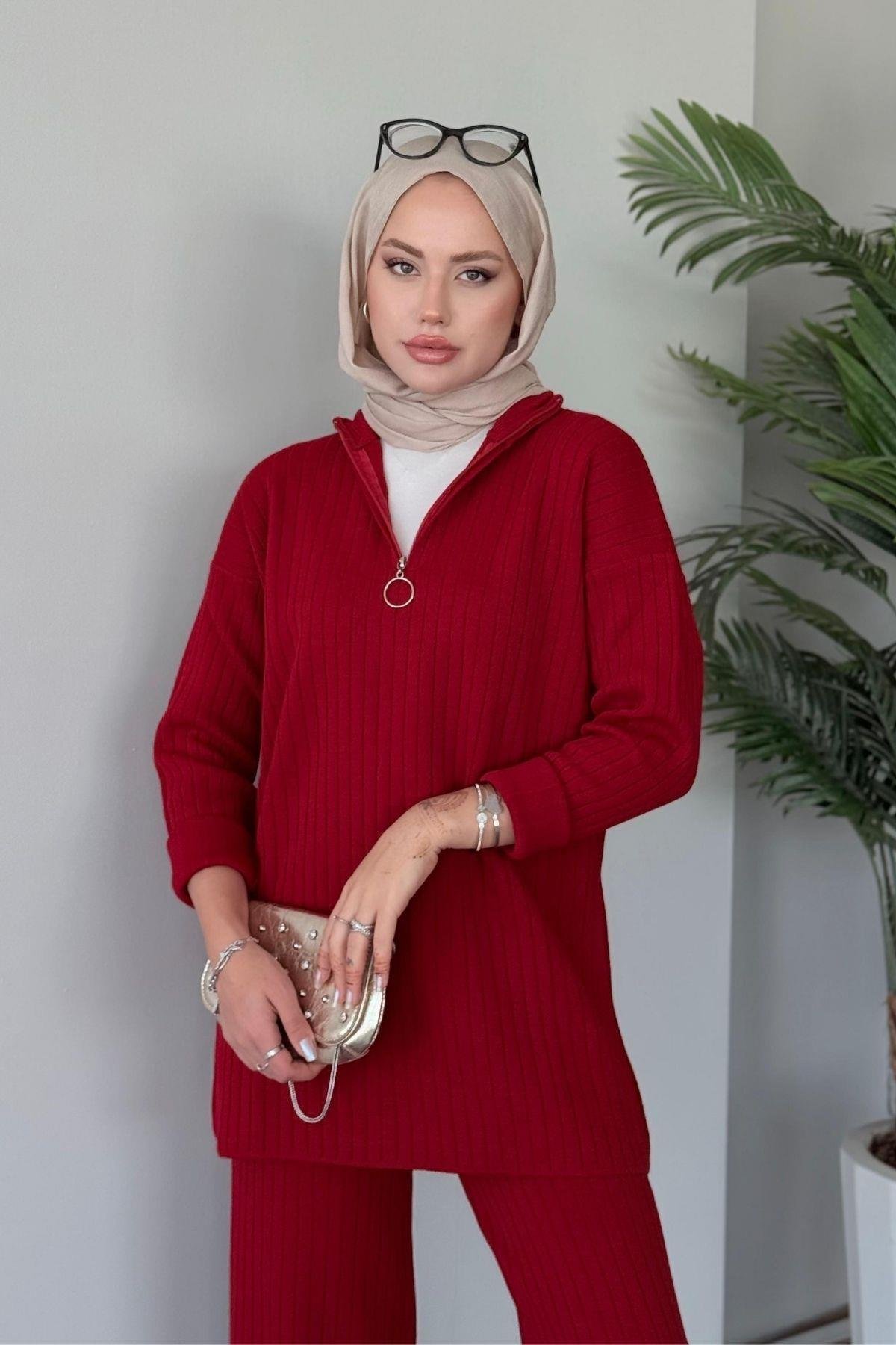 Lena Triko Takım Kırmızı, Fiyatları Haza Moda | Tesettür Giyim | Lena Triko Takım Kırmızı