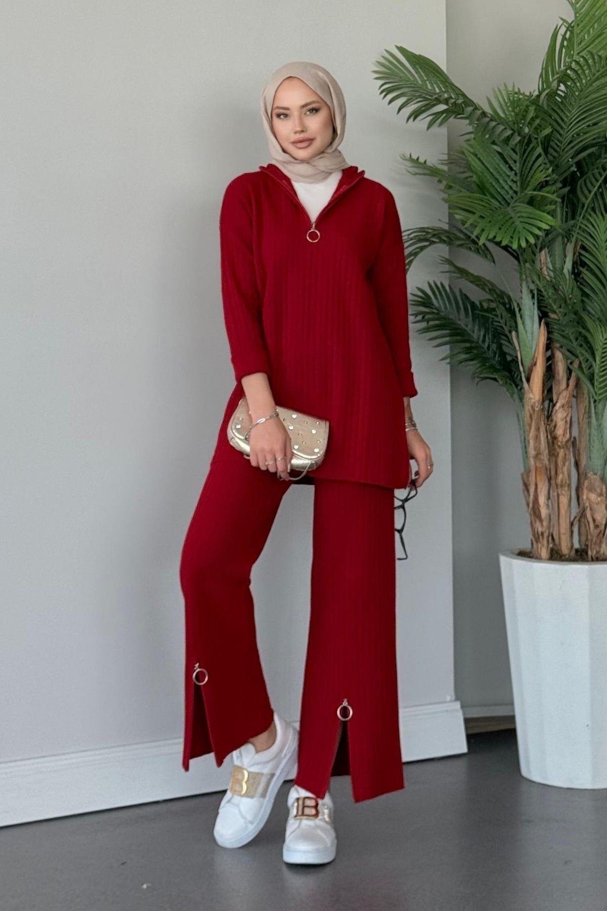Lena Triko Takım Kırmızı, Fiyatları Haza Moda | Tesettür Giyim | Lena Triko Takım Kırmızı