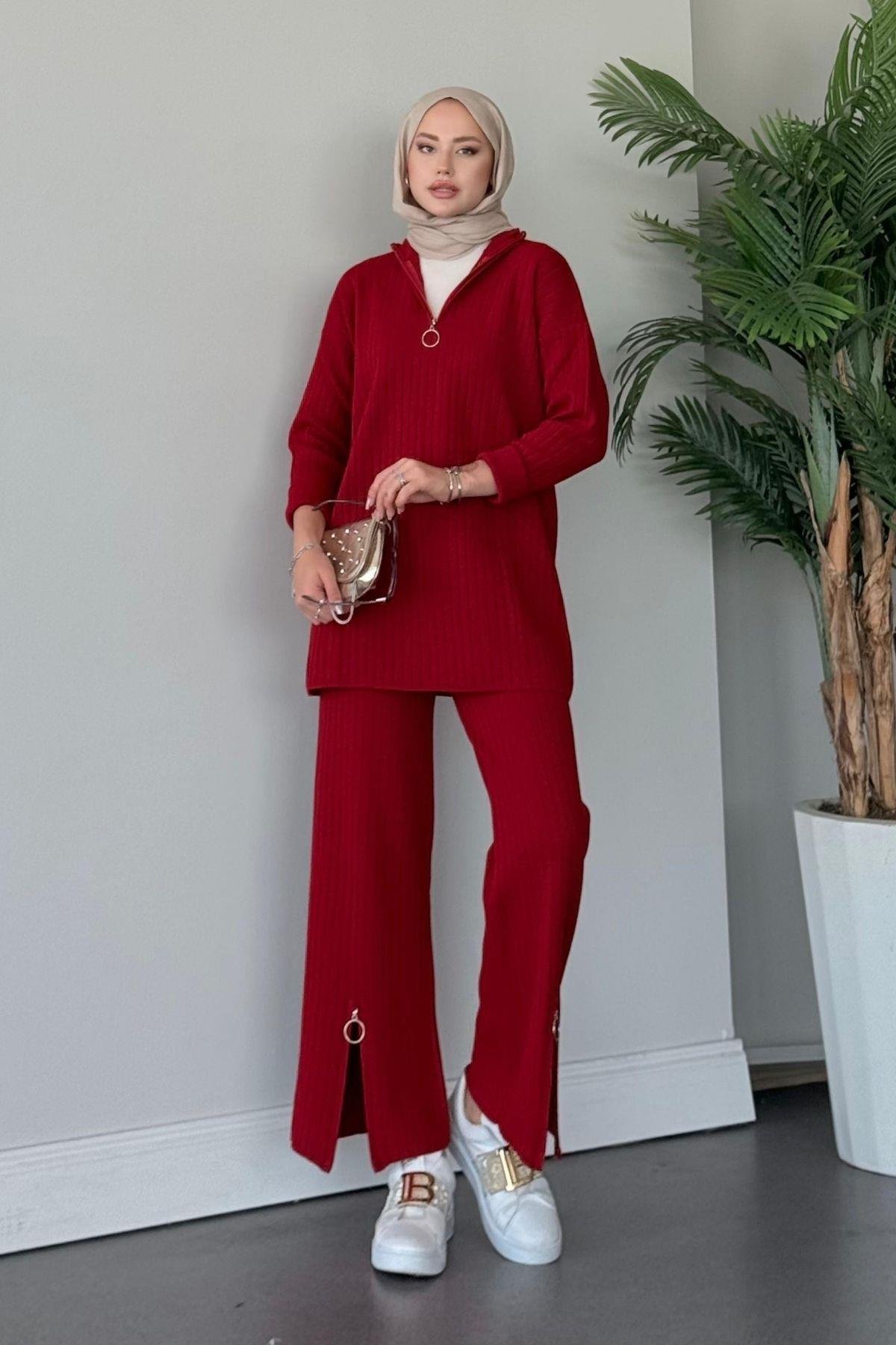 Lena Triko Takım Kırmızı, Fiyatları Haza Moda | Tesettür Giyim | Lena Triko Takım Kırmızı