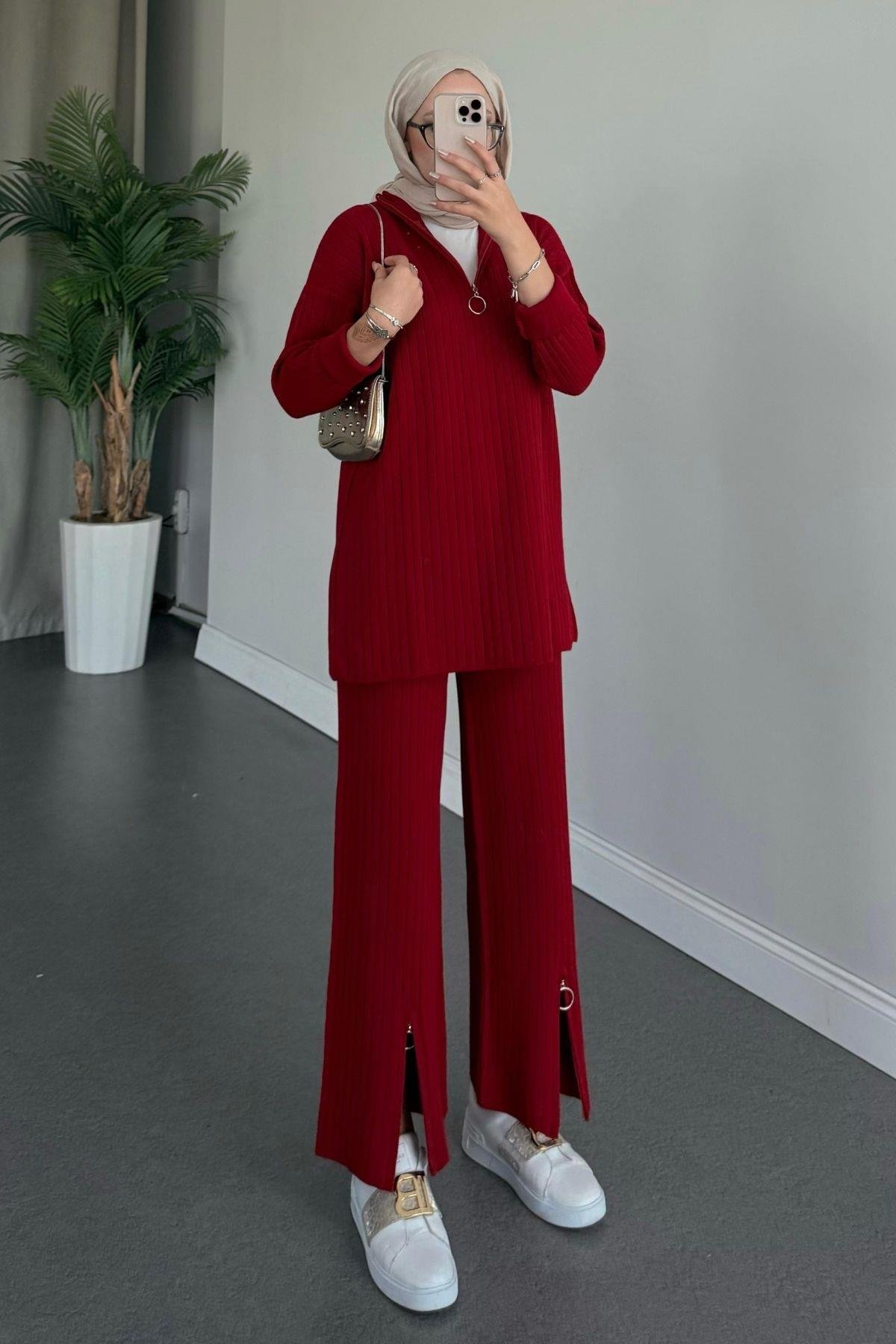 Lena Triko Takım Kırmızı, Fiyatları Haza Moda | Tesettür Giyim | Lena Triko Takım Kırmızı