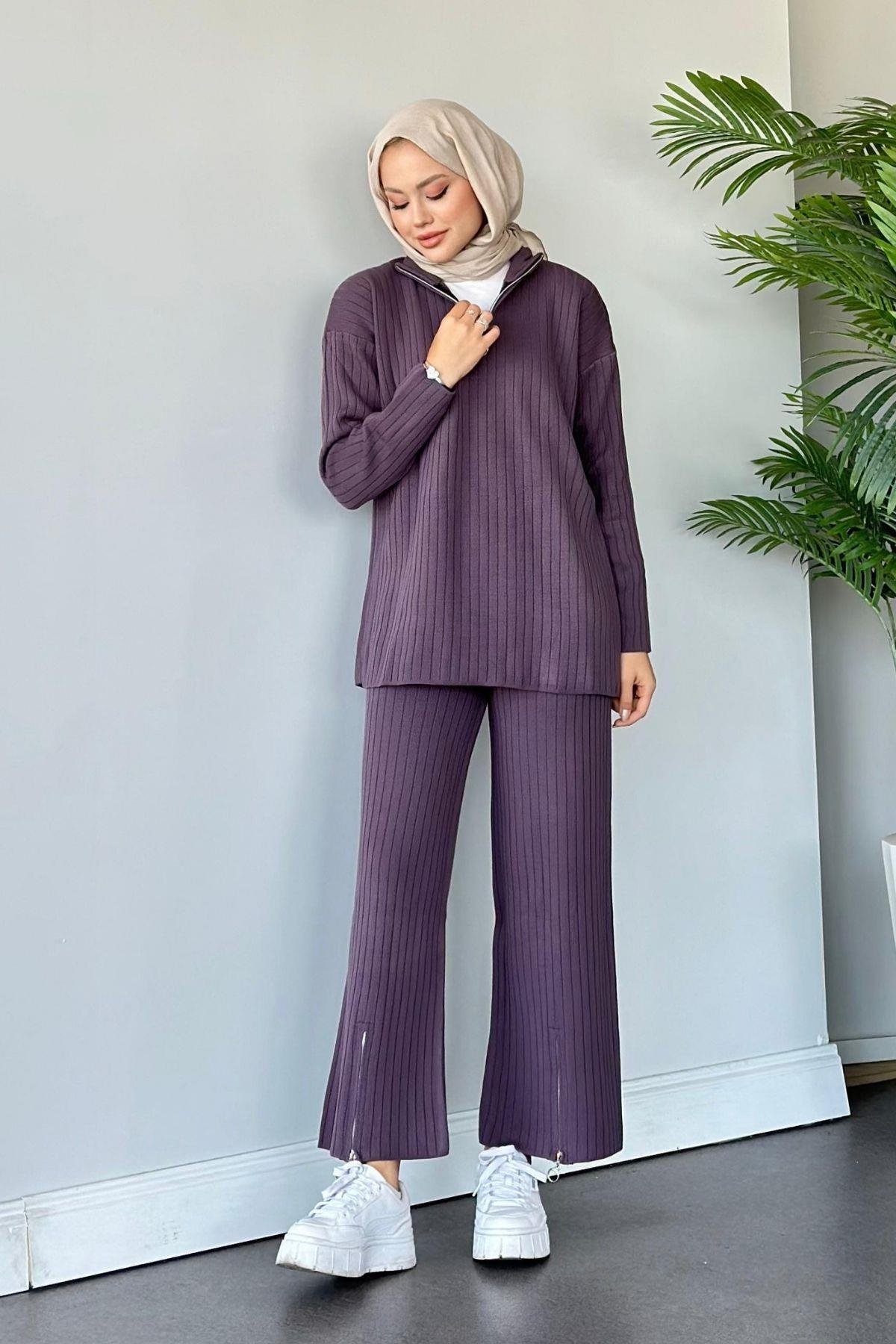 Lena Triko Takım Mürdüm, Fiyatları Haza Moda | Tesettür Giyim | Lena Triko Takım Mürdüm