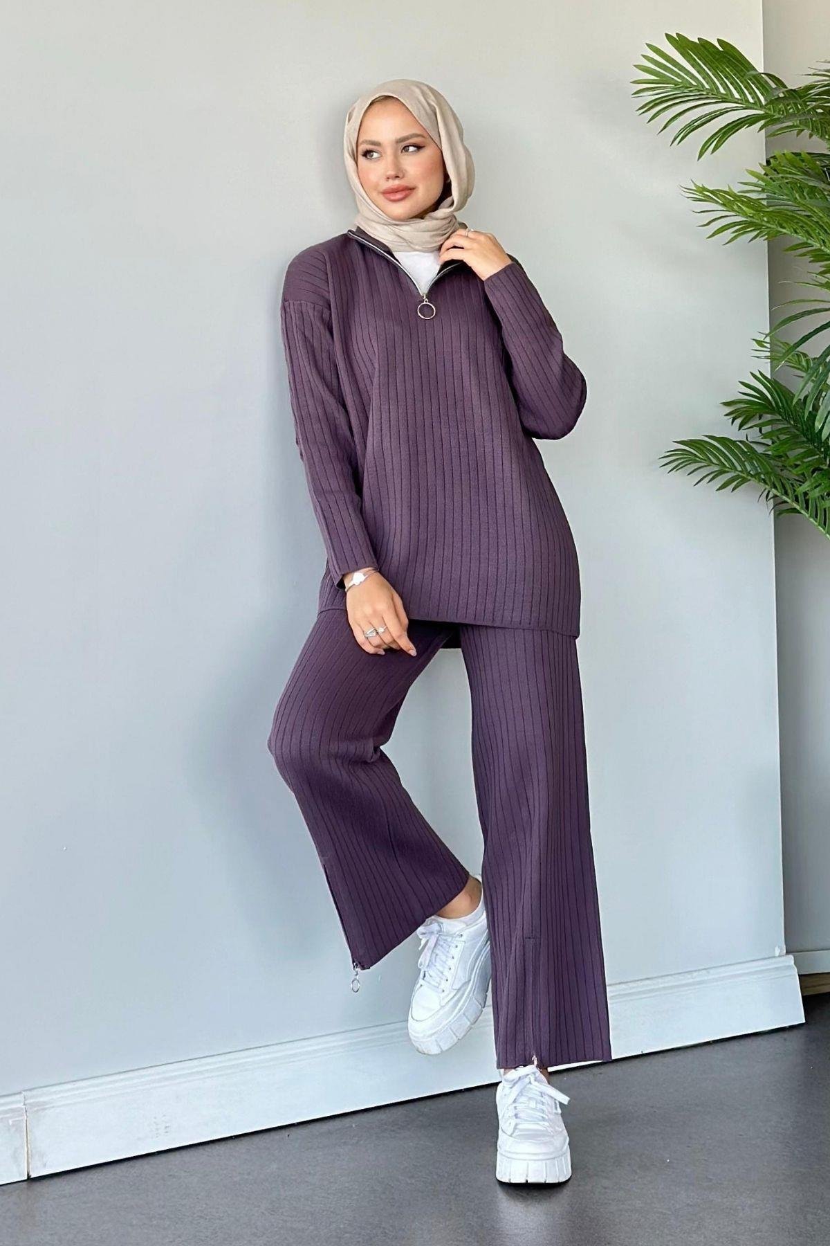 Lena Triko Takım Mürdüm, Fiyatları Haza Moda | Tesettür Giyim | Lena Triko Takım Mürdüm