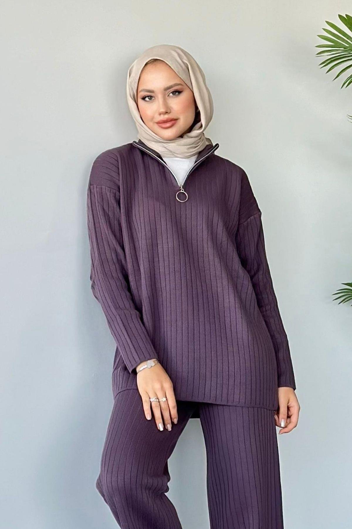 Lena Triko Takım Mürdüm, Fiyatları Haza Moda | Tesettür Giyim | Lena Triko Takım Mürdüm