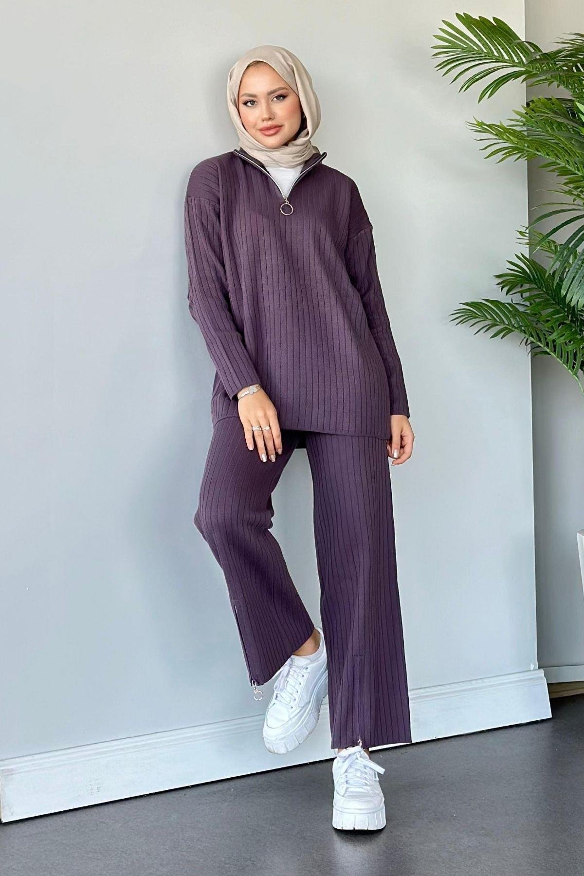 Lena Triko Takım Mürdüm, Fiyatları Haza Moda | Tesettür Giyim | Lena Triko Takım Mürdüm