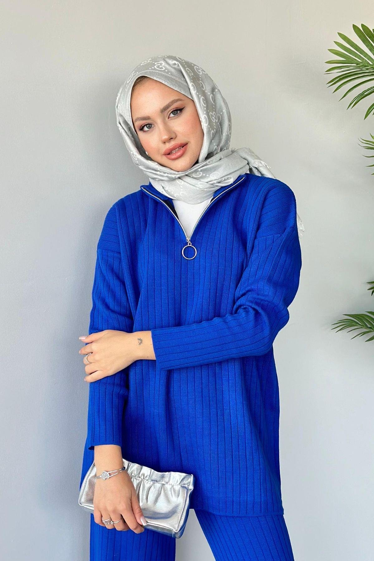 Lena Triko Takım Saks, Fiyatları Haza Moda | Tesettür Giyim | Lena Triko Takım Saks