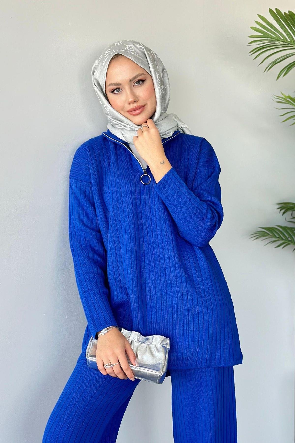 Lena Triko Takım Saks, Fiyatları Haza Moda | Tesettür Giyim | Lena Triko Takım Saks