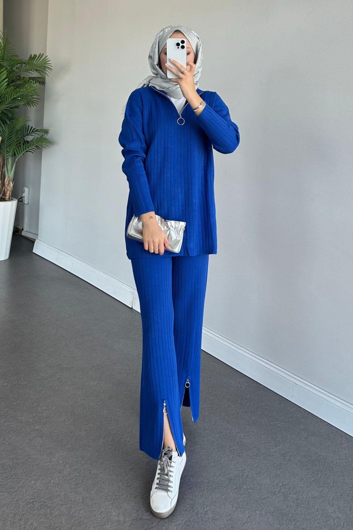 Lena Triko Takım Saks, Fiyatları Haza Moda | Tesettür Giyim | Lena Triko Takım Saks