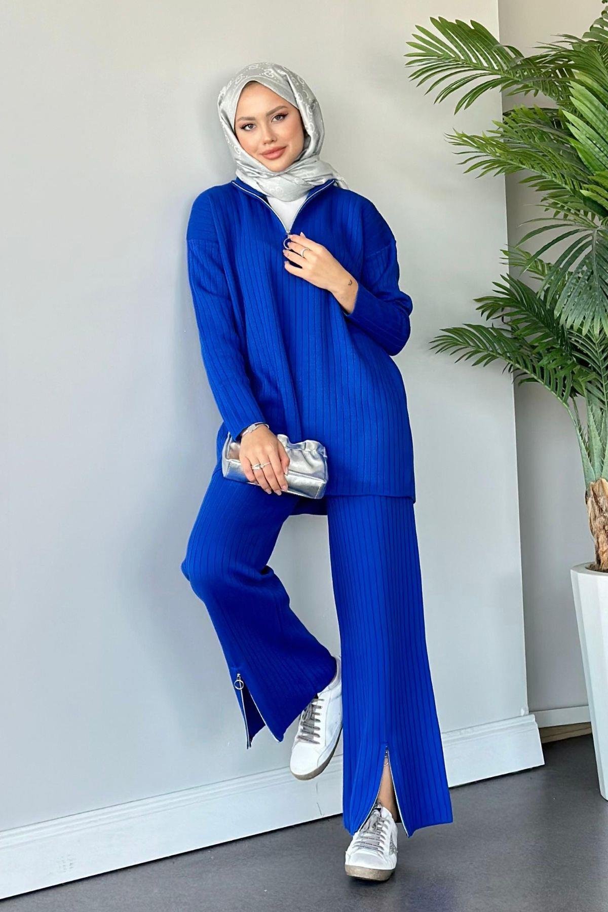 Lena Triko Takım Saks, Fiyatları Haza Moda | Tesettür Giyim | Lena Triko Takım Saks