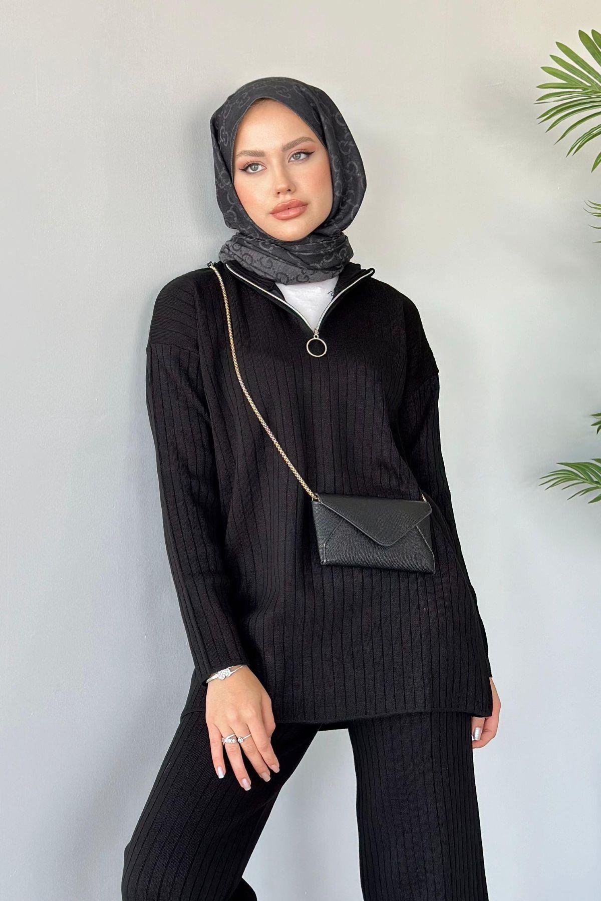 Lena Triko Takım Siyah, Fiyatları Haza Moda | Tesettür Giyim | Lena Triko Takım Siyah