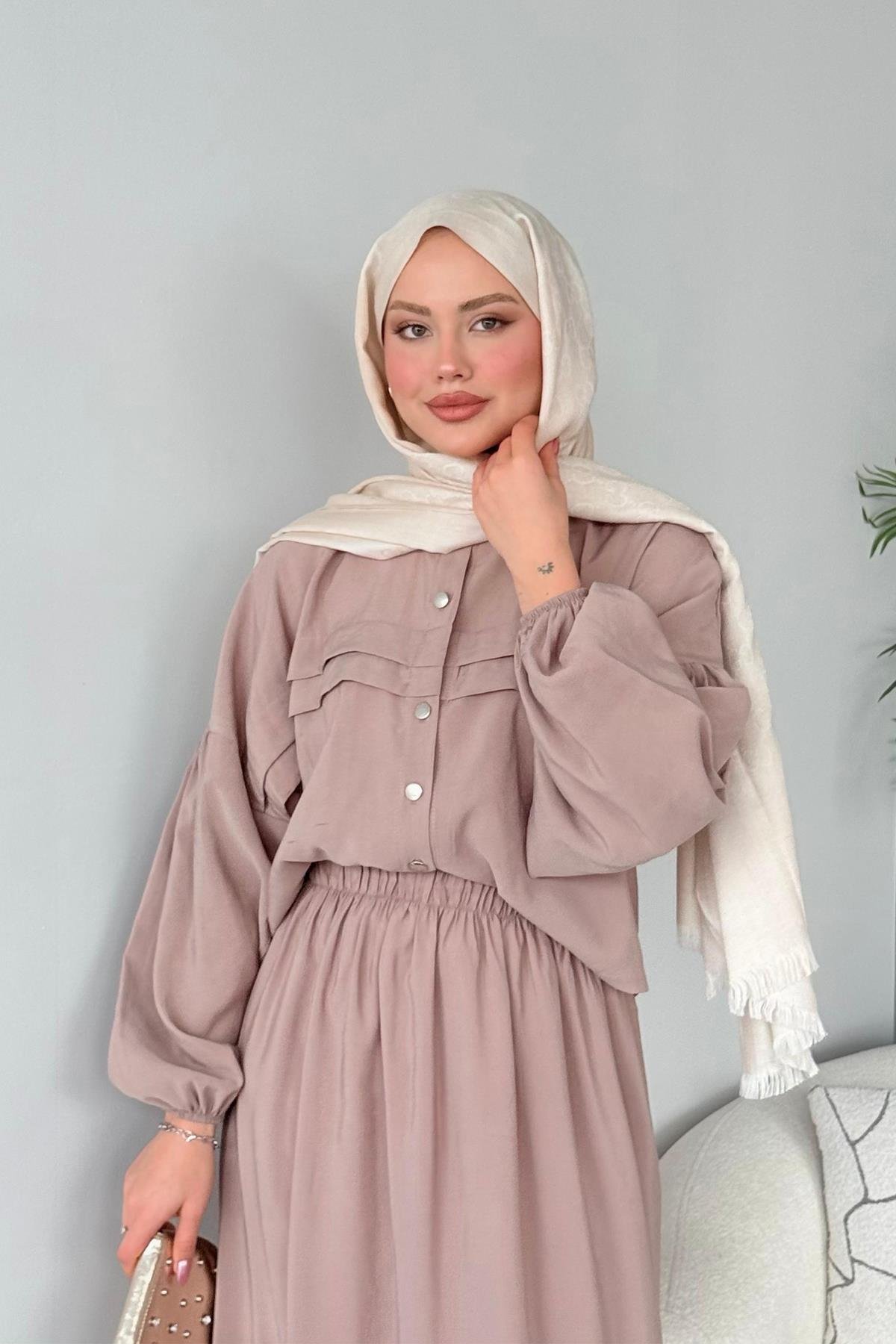 Lia Etekli Takım Bej, Fiyatları Haza Moda | Tesettür Giyim | Lia Takım Bej