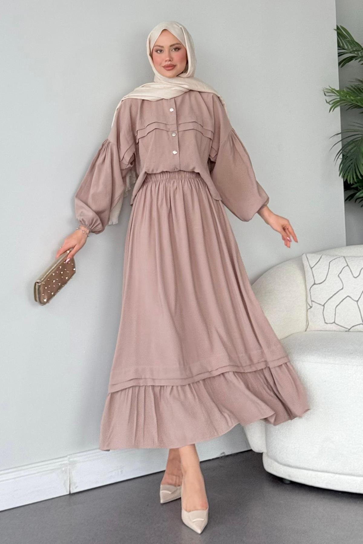 Lia Etekli Takım Bej, Fiyatları Haza Moda | Tesettür Giyim | Lia Takım Bej