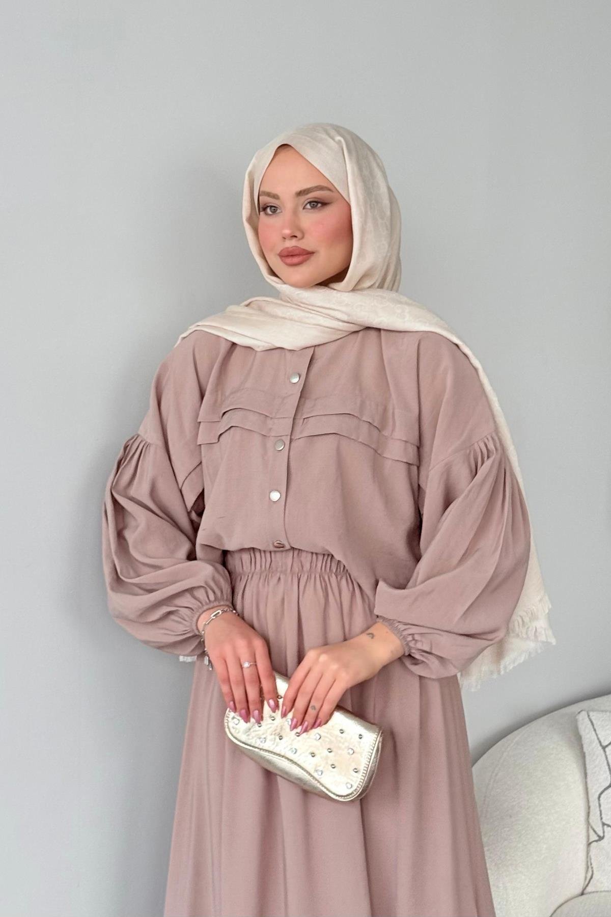 Lia Etekli Takım Bej, Fiyatları Haza Moda | Tesettür Giyim | Lia Takım Bej