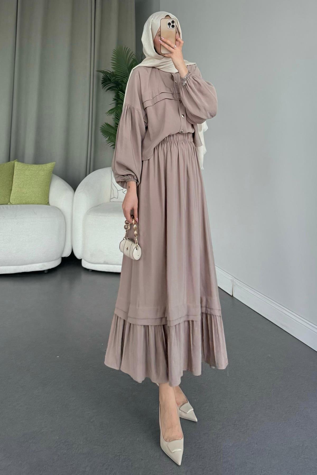 Lia Etekli Takım Bej, Fiyatları Haza Moda | Tesettür Giyim | Lia Takım Bej