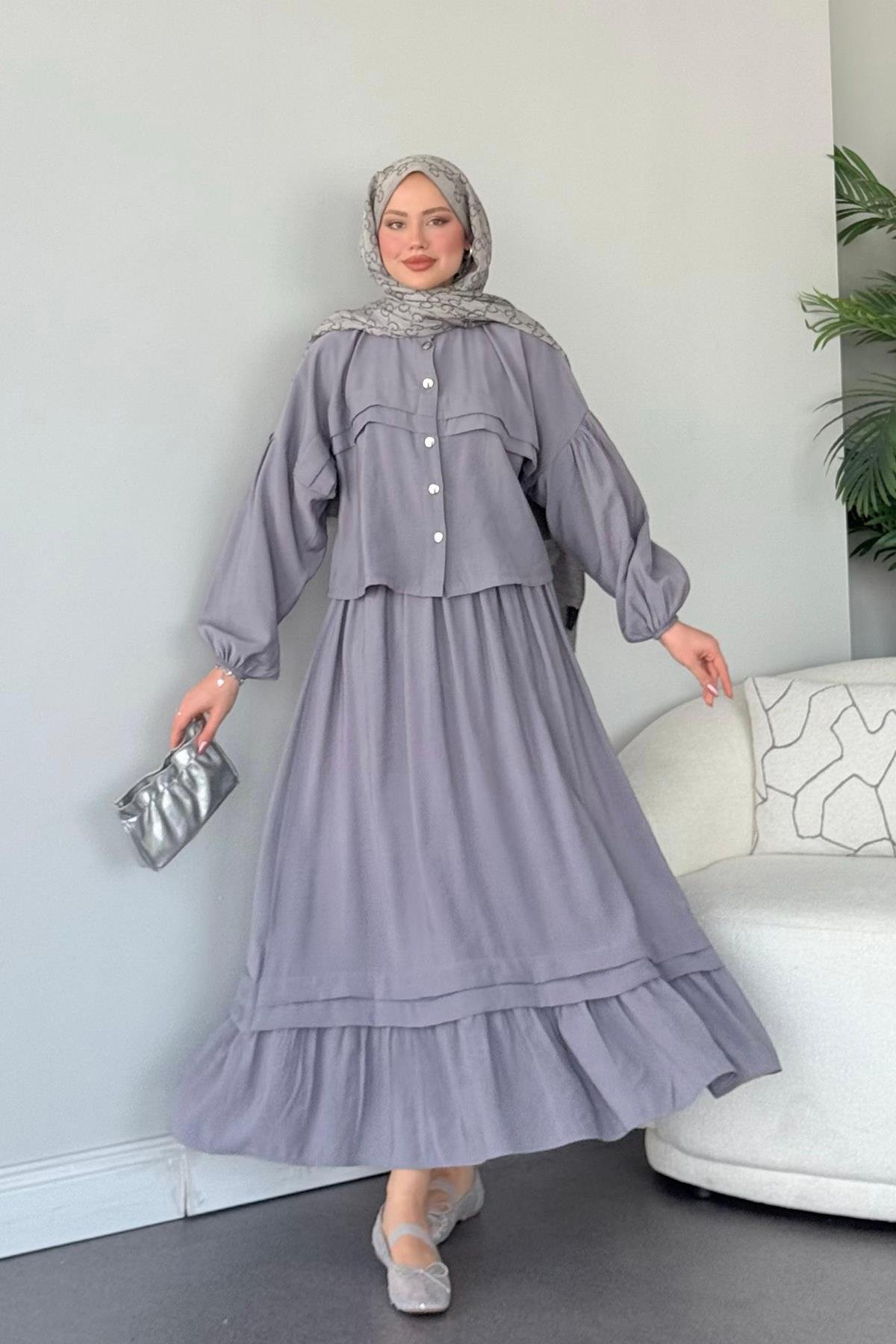 Lia Etekli Takım Gri, Fiyatları Haza Moda | Tesettür Giyim | Lia Takım Gri