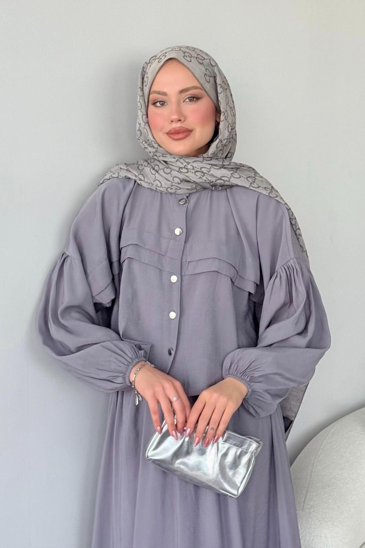 Lia Etekli Takım Gri, Fiyatları Haza Moda | Tesettür Giyim | Lia Takım Gri