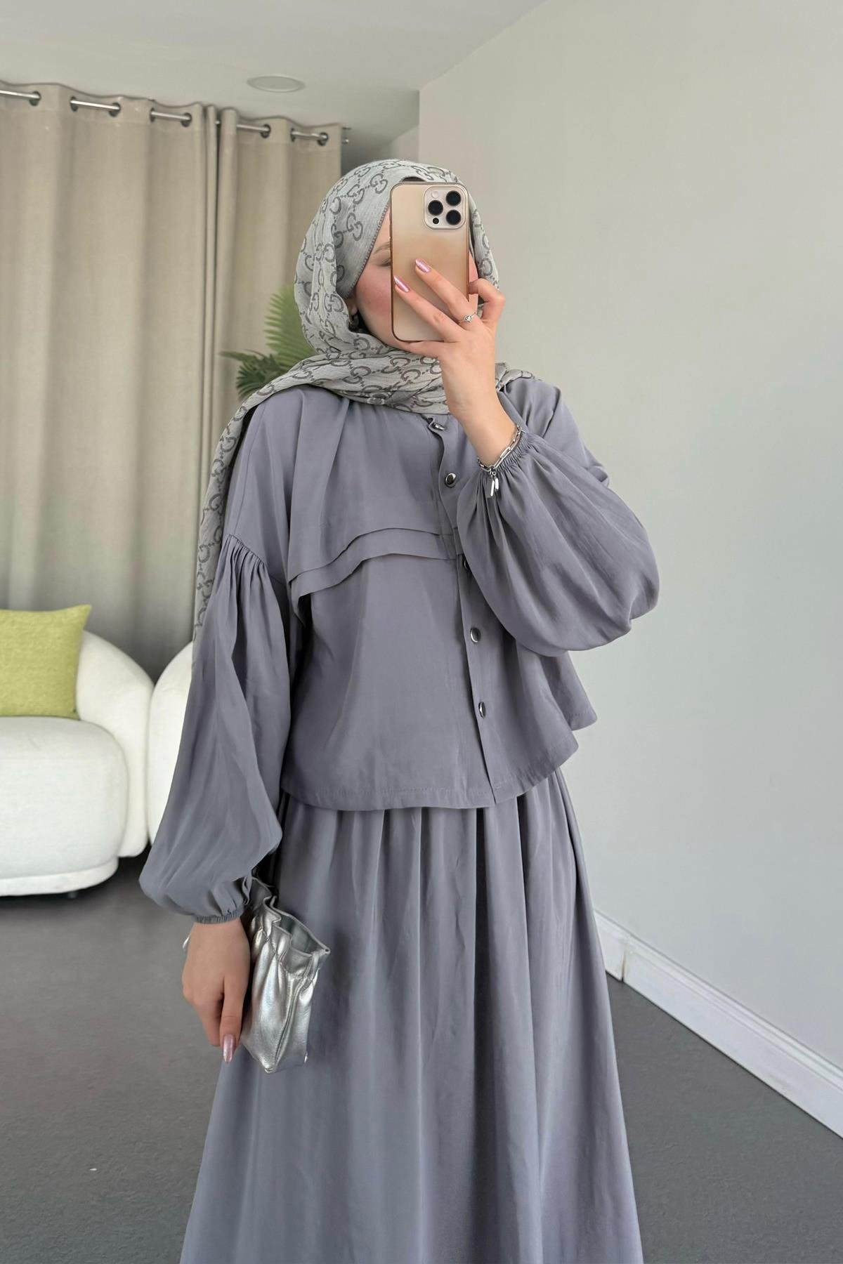 Lia Etekli Takım Gri, Fiyatları Haza Moda | Tesettür Giyim | Lia Takım Gri