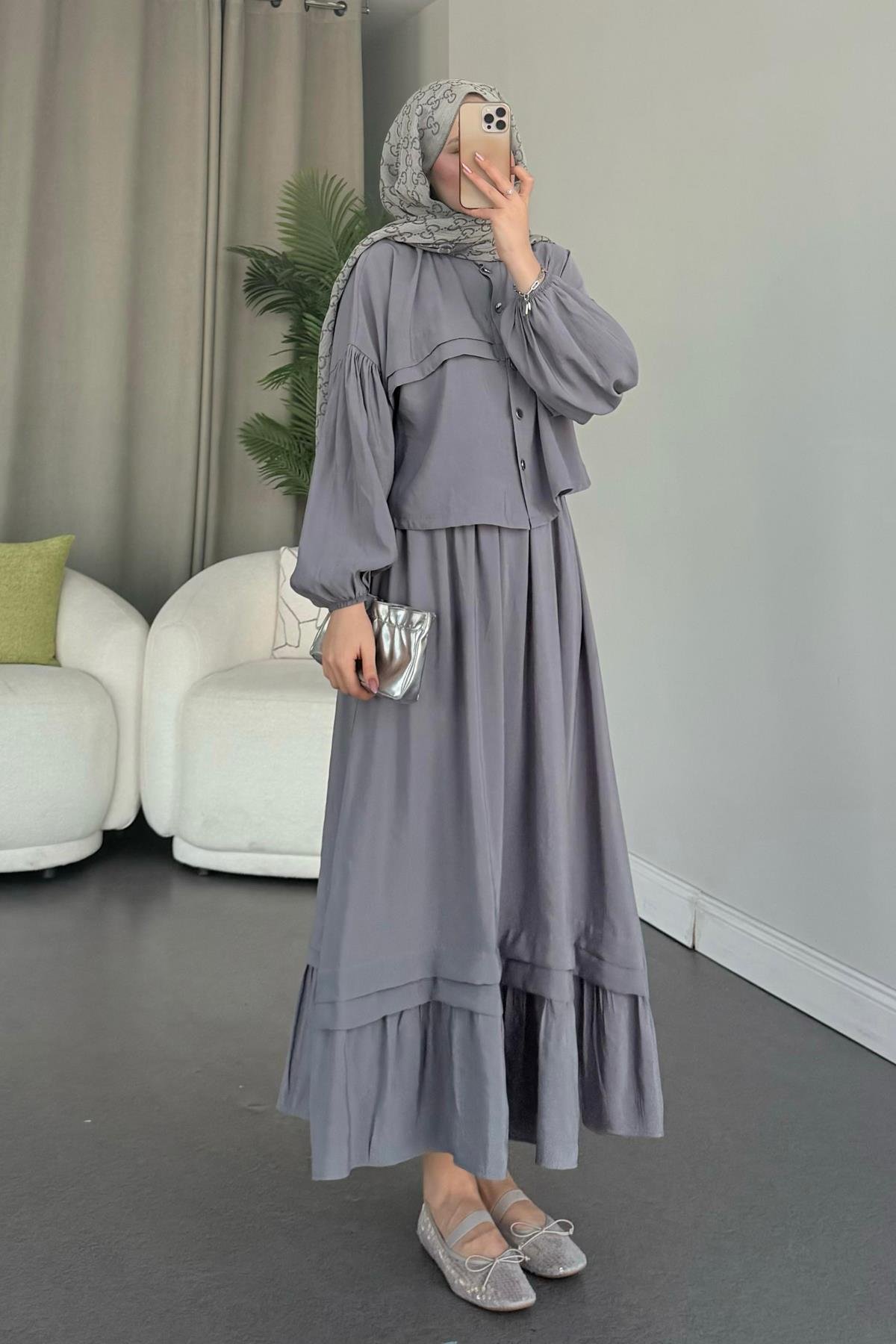 Lia Etekli Takım Gri, Fiyatları Haza Moda | Tesettür Giyim | Lia Takım Gri