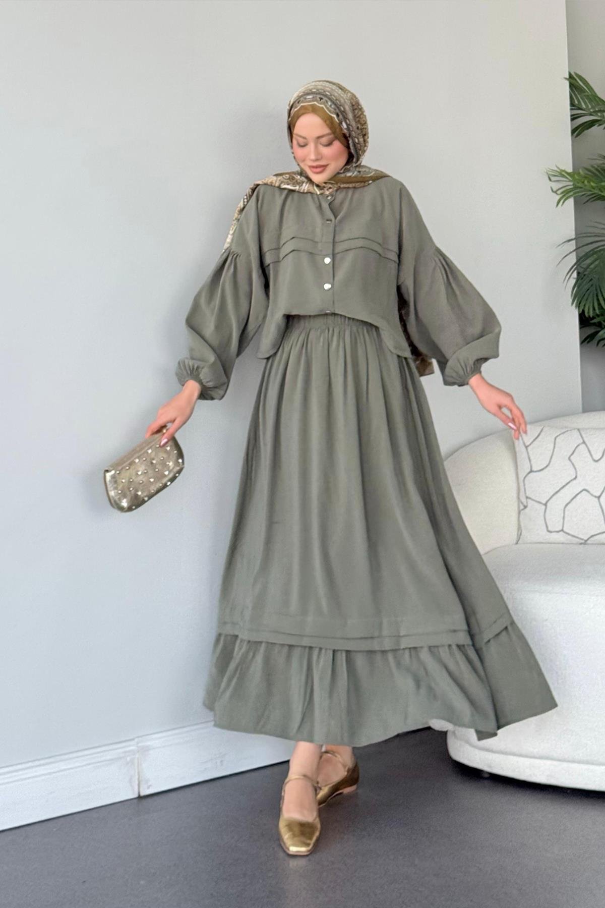 Lia Etekli Takım Haki, Fiyatları Haza Moda | Tesettür Giyim | Lia Takım Haki