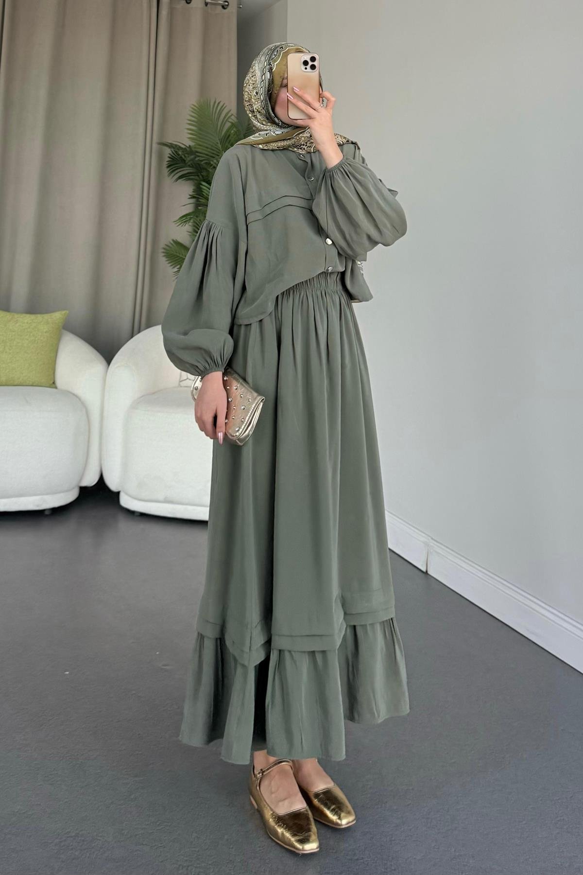 Lia Etekli Takım Haki, Fiyatları Haza Moda | Tesettür Giyim | Lia Takım Haki