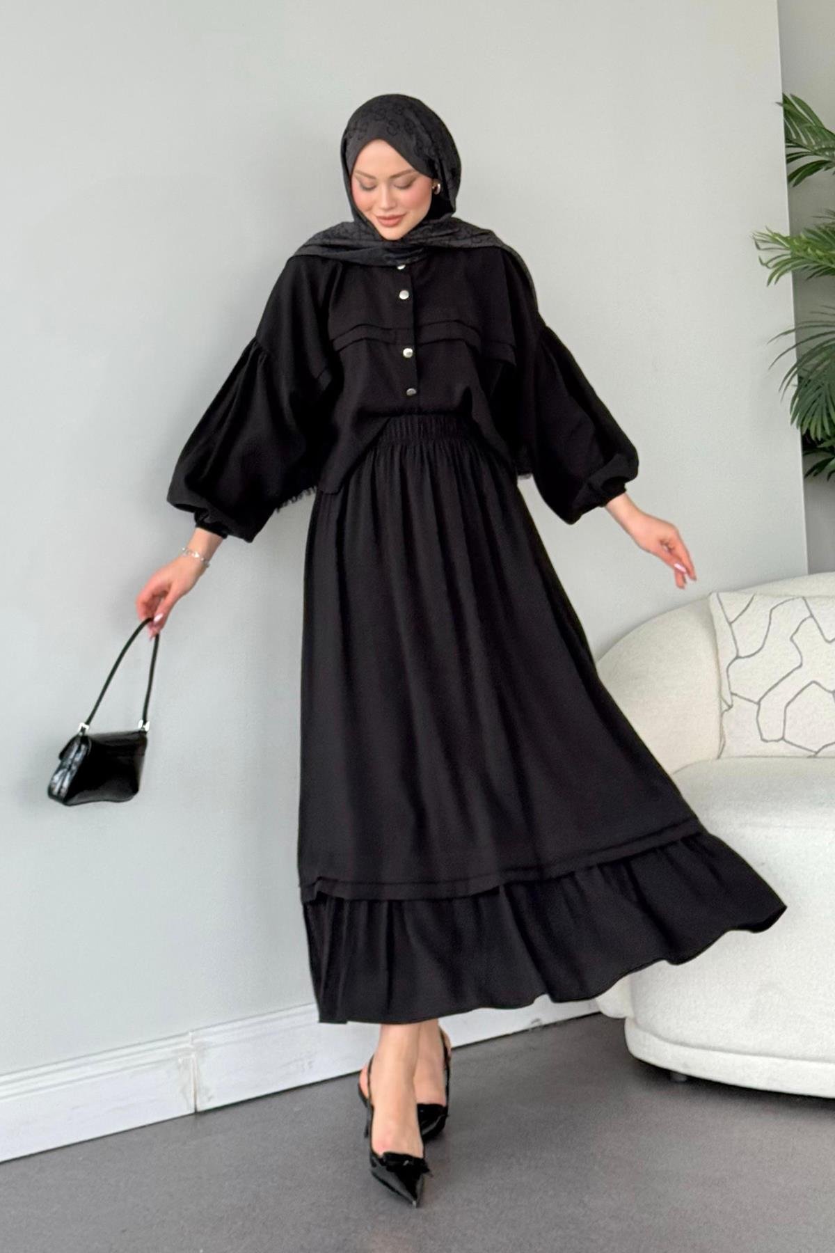 Lia Etekli Takım Siyah, Fiyatları Haza Moda | Tesettür Giyim | Lia Takım Siyah