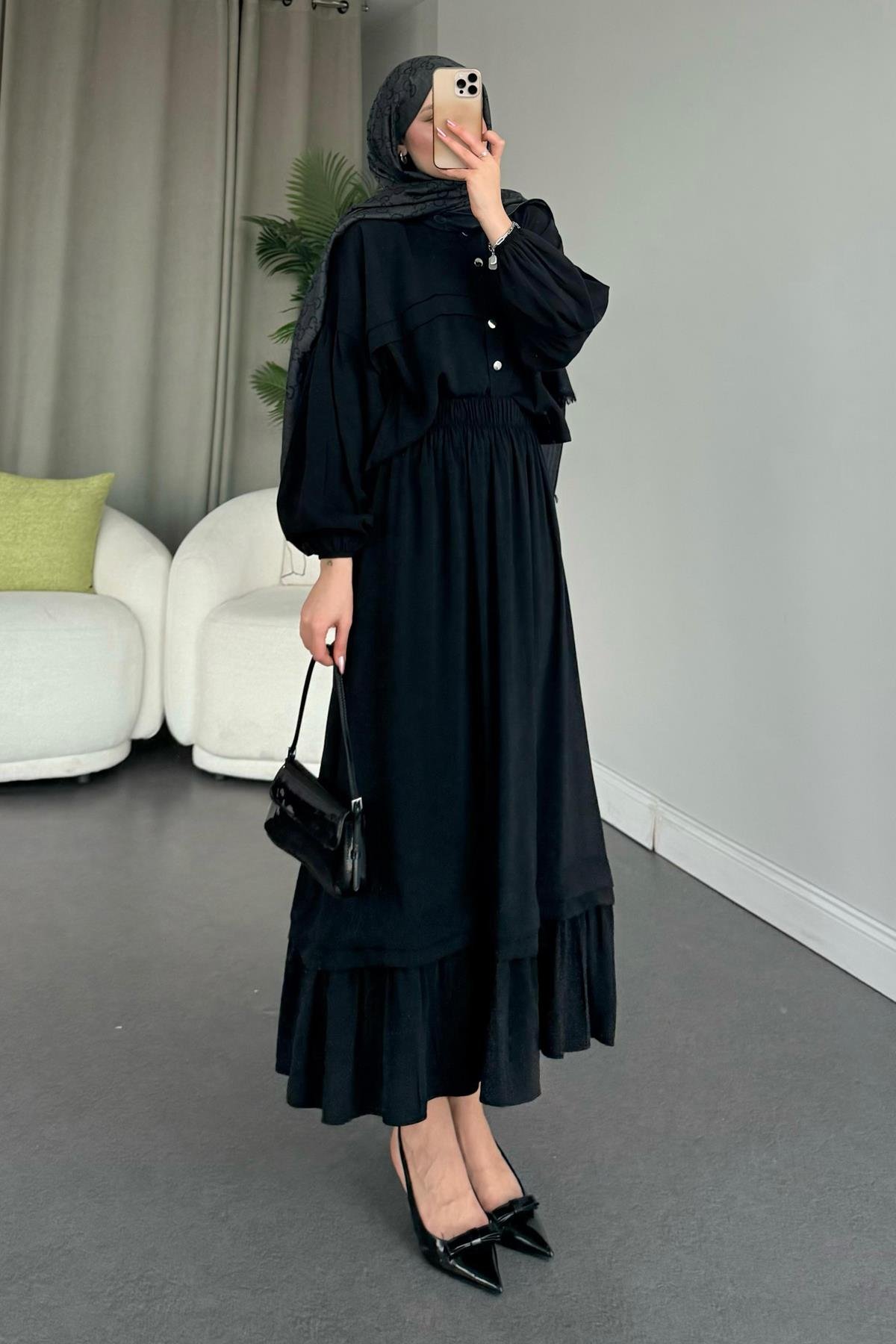 Lia Etekli Takım Siyah, Fiyatları Haza Moda | Tesettür Giyim | Lia Takım Siyah