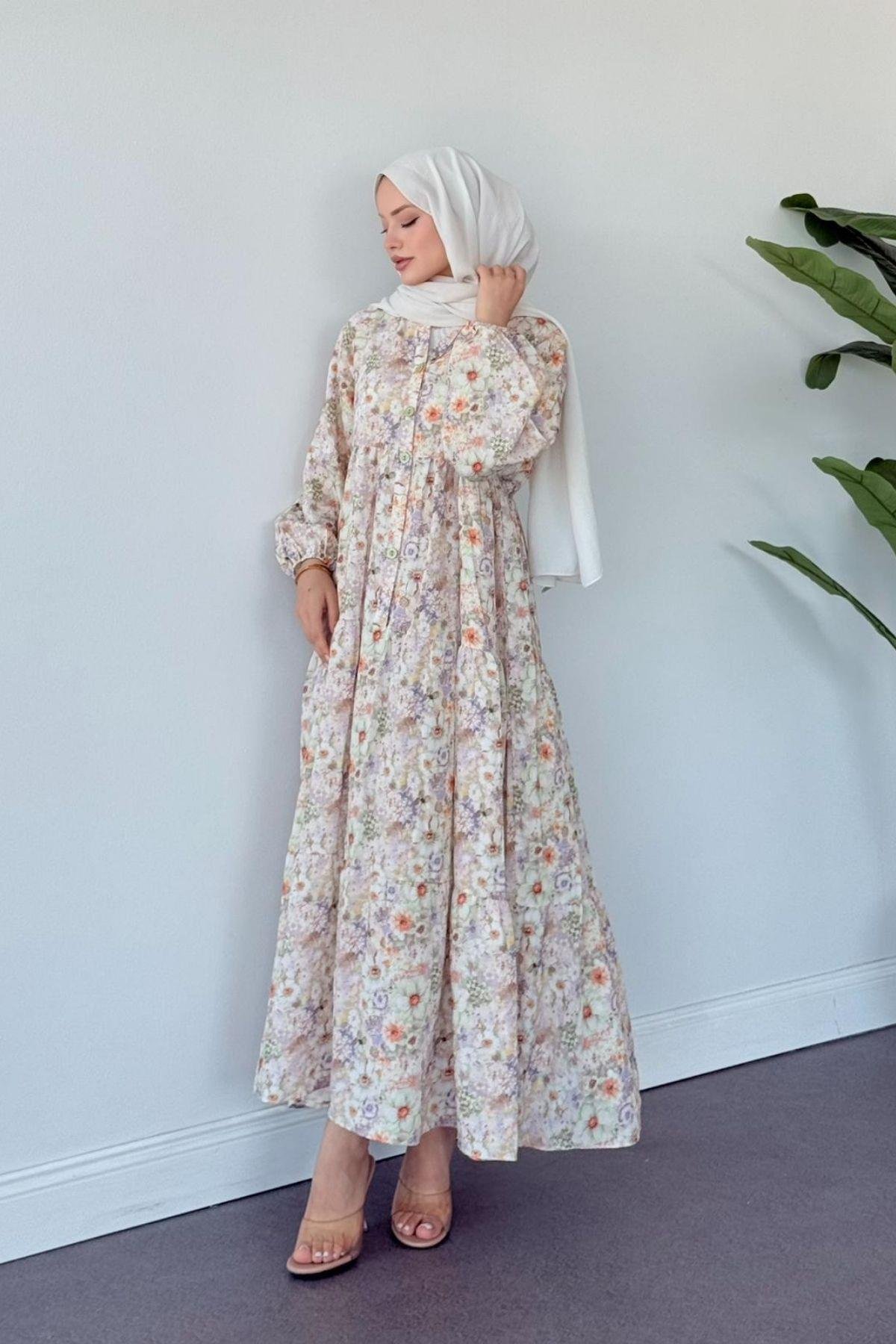 Liva Çiçekli Elbise BEJ, Fiyatları Liva Çiçekli Elbise BEJ- Haza Moda