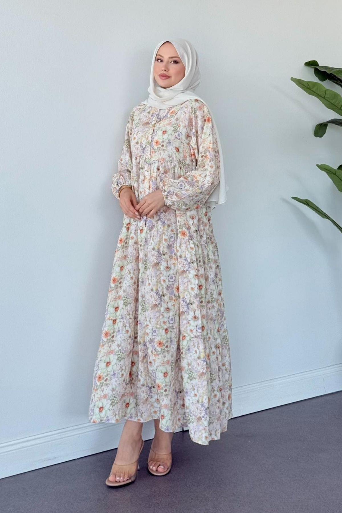 Liva Çiçekli Elbise BEJ, Fiyatları Liva Çiçekli Elbise BEJ- Haza Moda