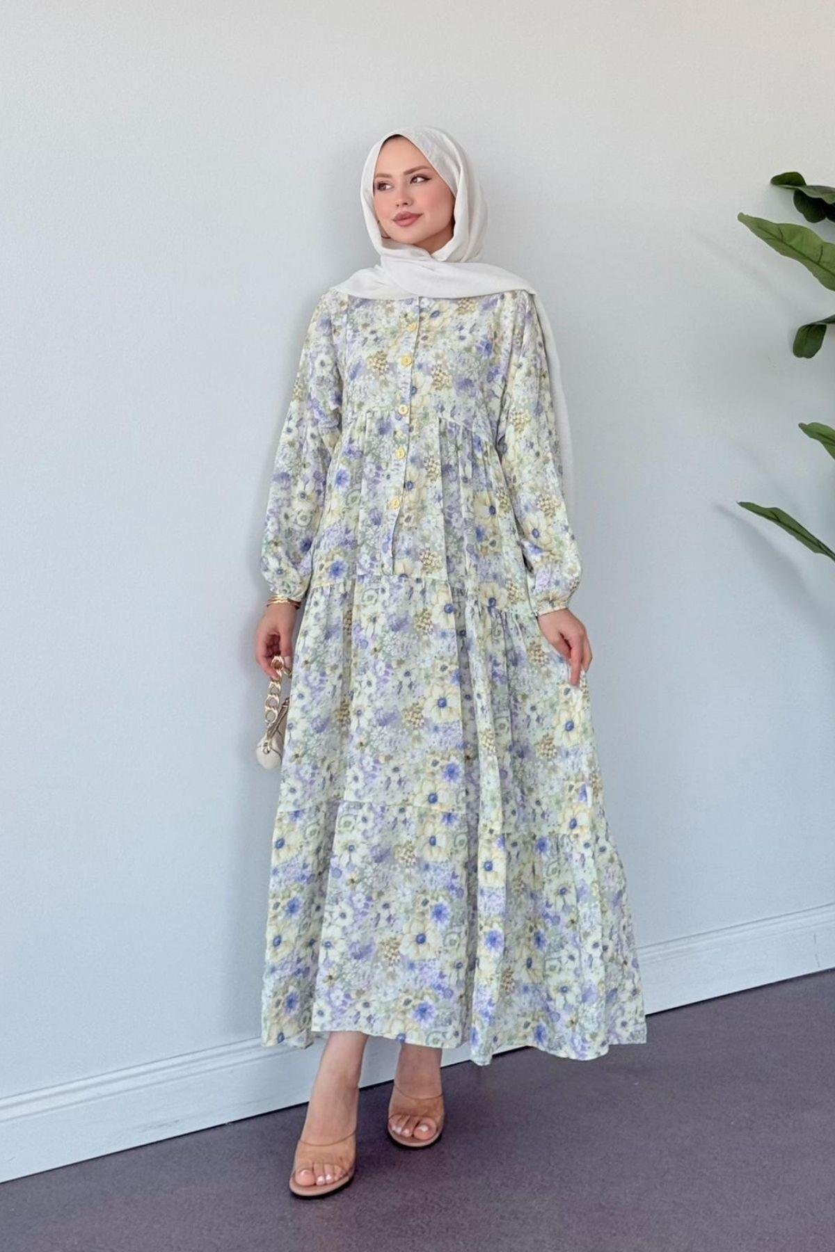 Liva Çiçekli Elbise MİNT, Fiyatları Liva Çiçekli Elbise MİNT- Haza Moda