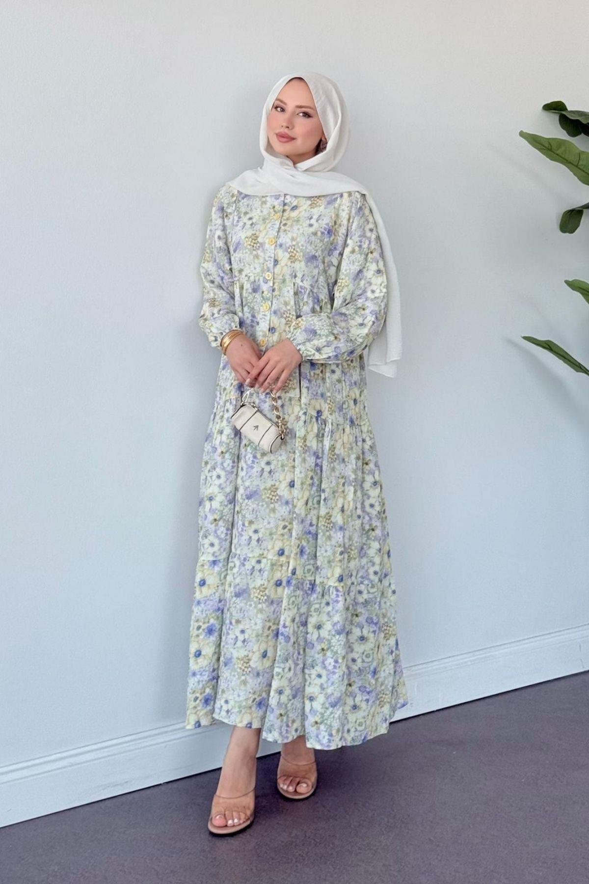 Liva Çiçekli Elbise MİNT, Fiyatları Liva Çiçekli Elbise MİNT- Haza Moda