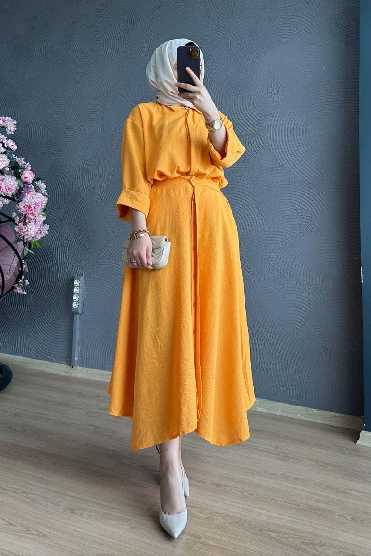 Liya Etekli Takım Hardal, Fiyatları Liya Etekli Takım Hardal – Haza Moda | Tesettür Giyim