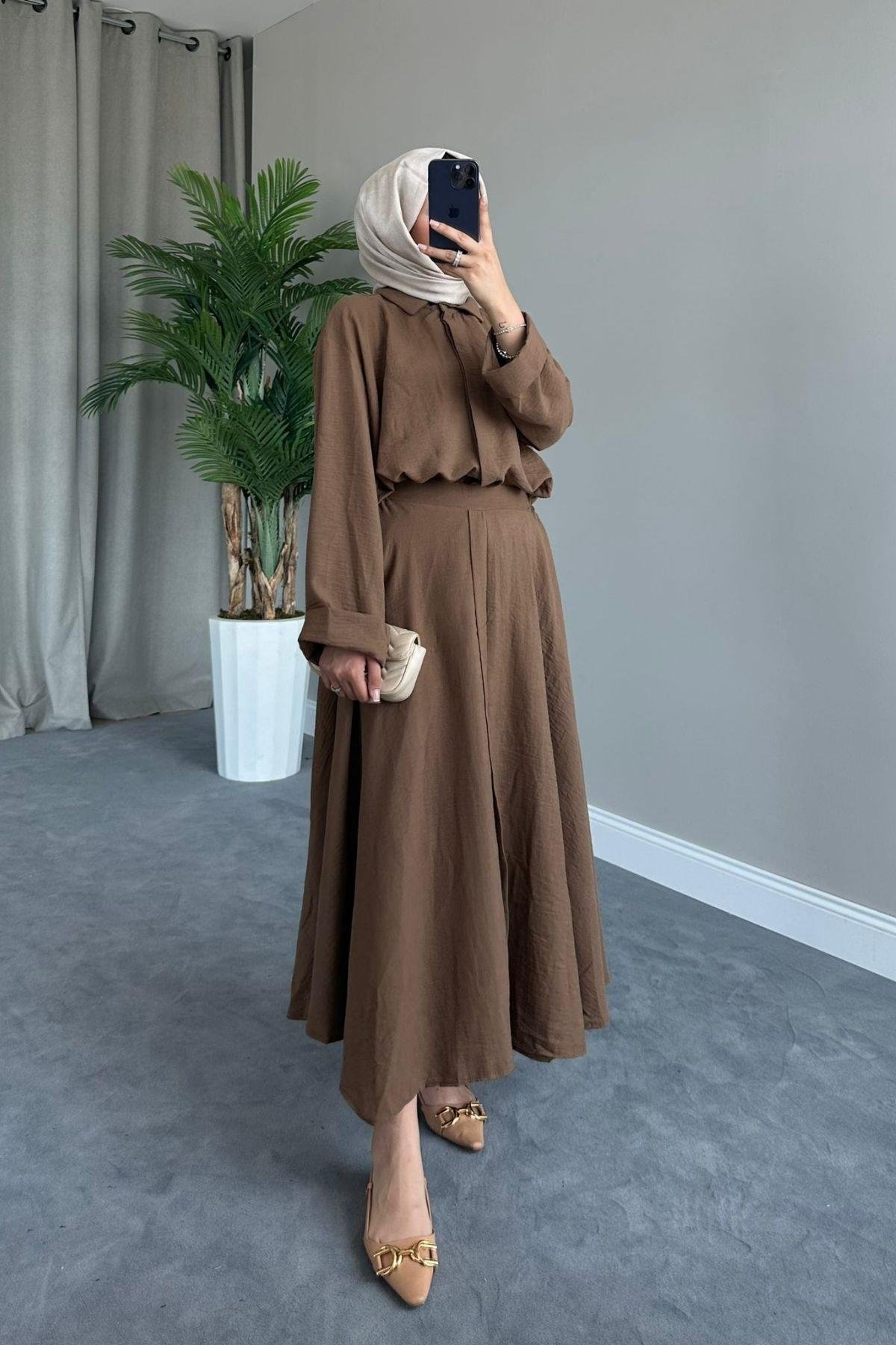 Liya Etekli Takım Kahve, Fiyatları Liya Etekli Takım Kahve – Haza Moda | Tesettür Giyim