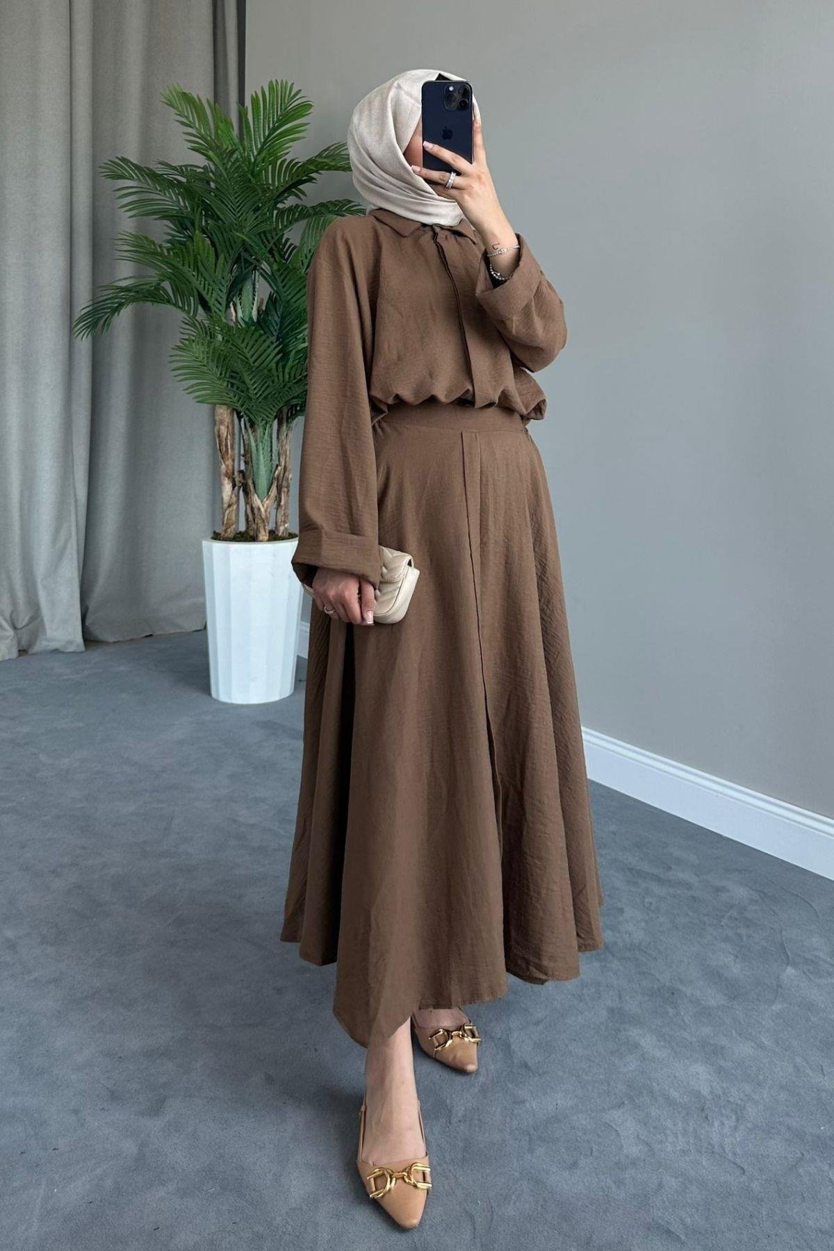 Liya Etekli Takım Kahve, Fiyatları Liya Etekli Takım Kahve – Haza Moda | Tesettür Giyim