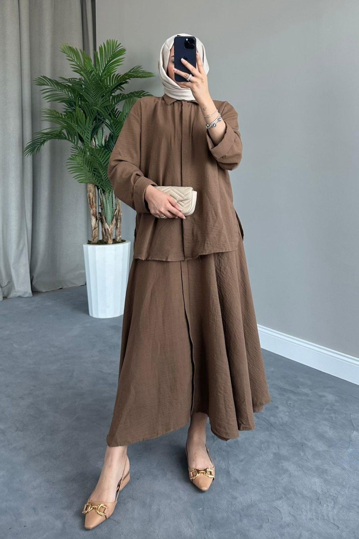 Liya Etekli Takım Kahve, Fiyatları Liya Etekli Takım Kahve – Haza Moda | Tesettür Giyim