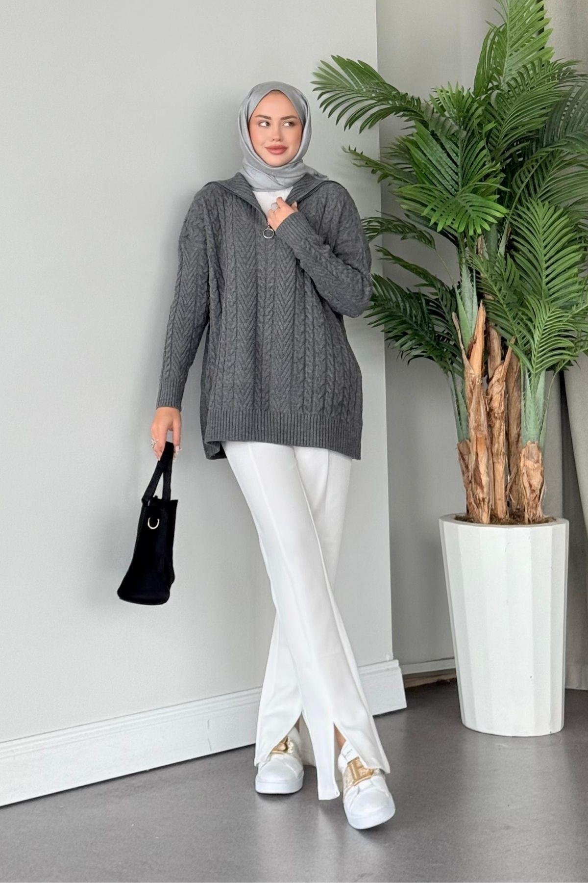 Lovely Kazak Gri, Fiyatları Haza Moda | Tesettür Giyim | Lovely Kazak Gri