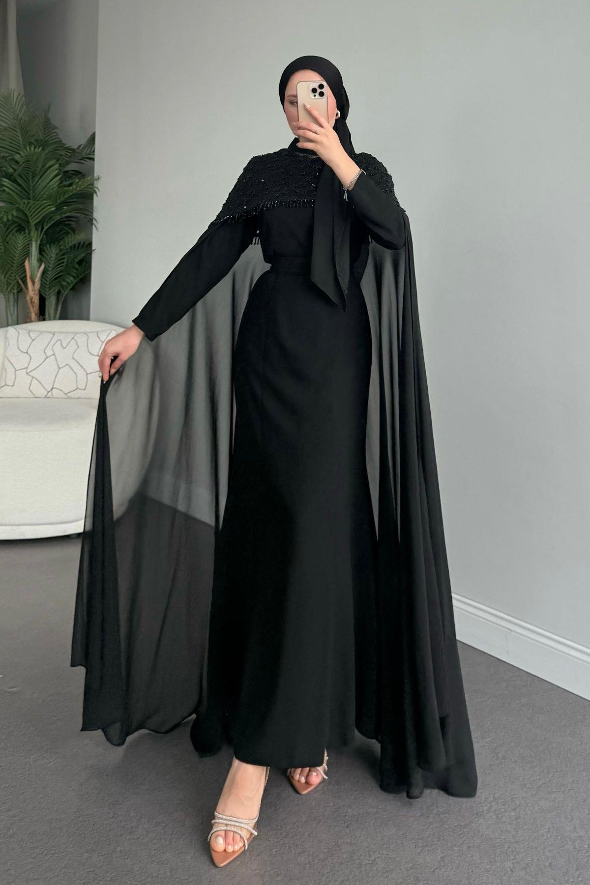 Madella Pelerinli Abiye Siyah, Fiyatları 