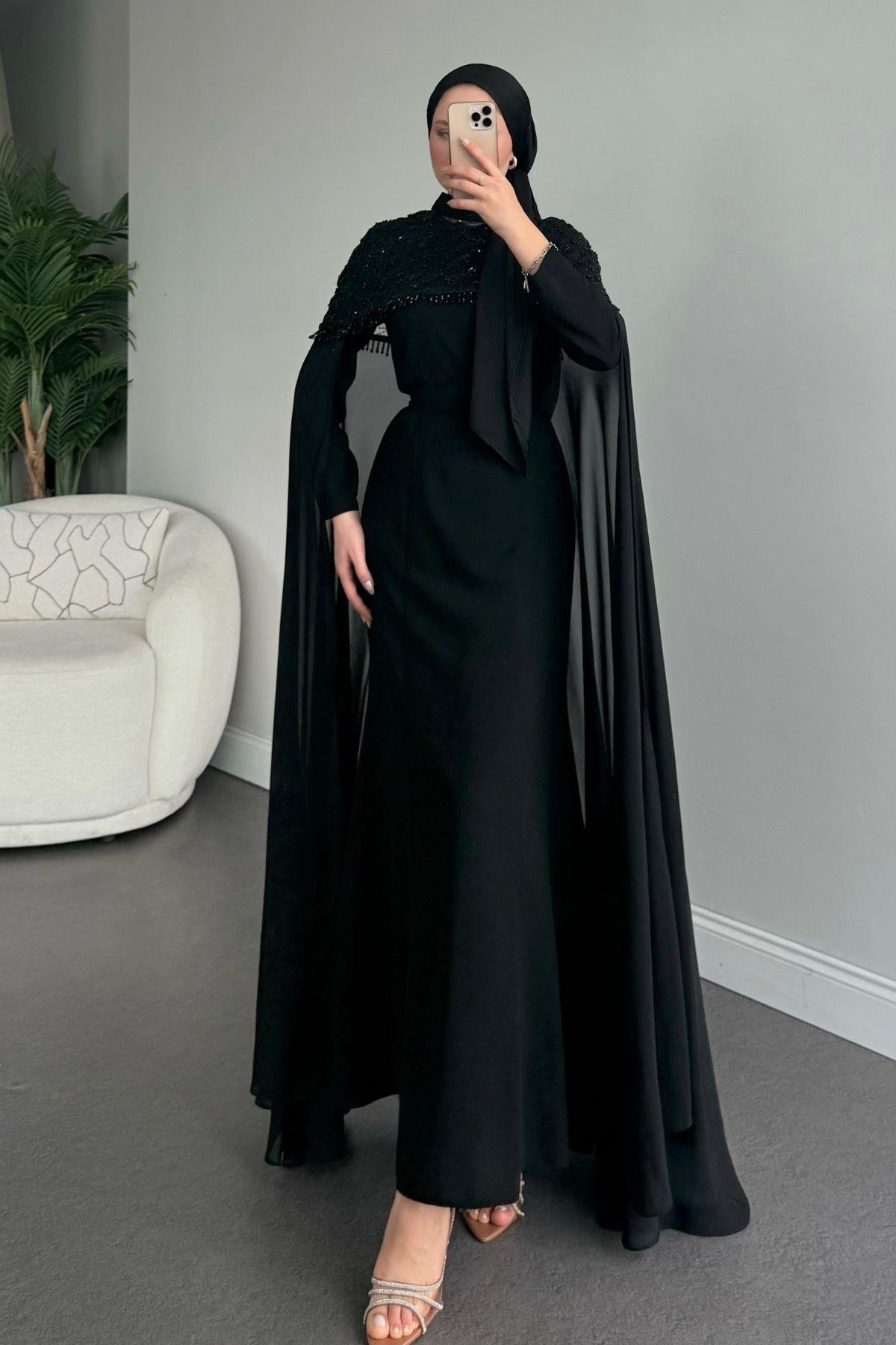 Madella Pelerinli Abiye Siyah, Fiyatları 