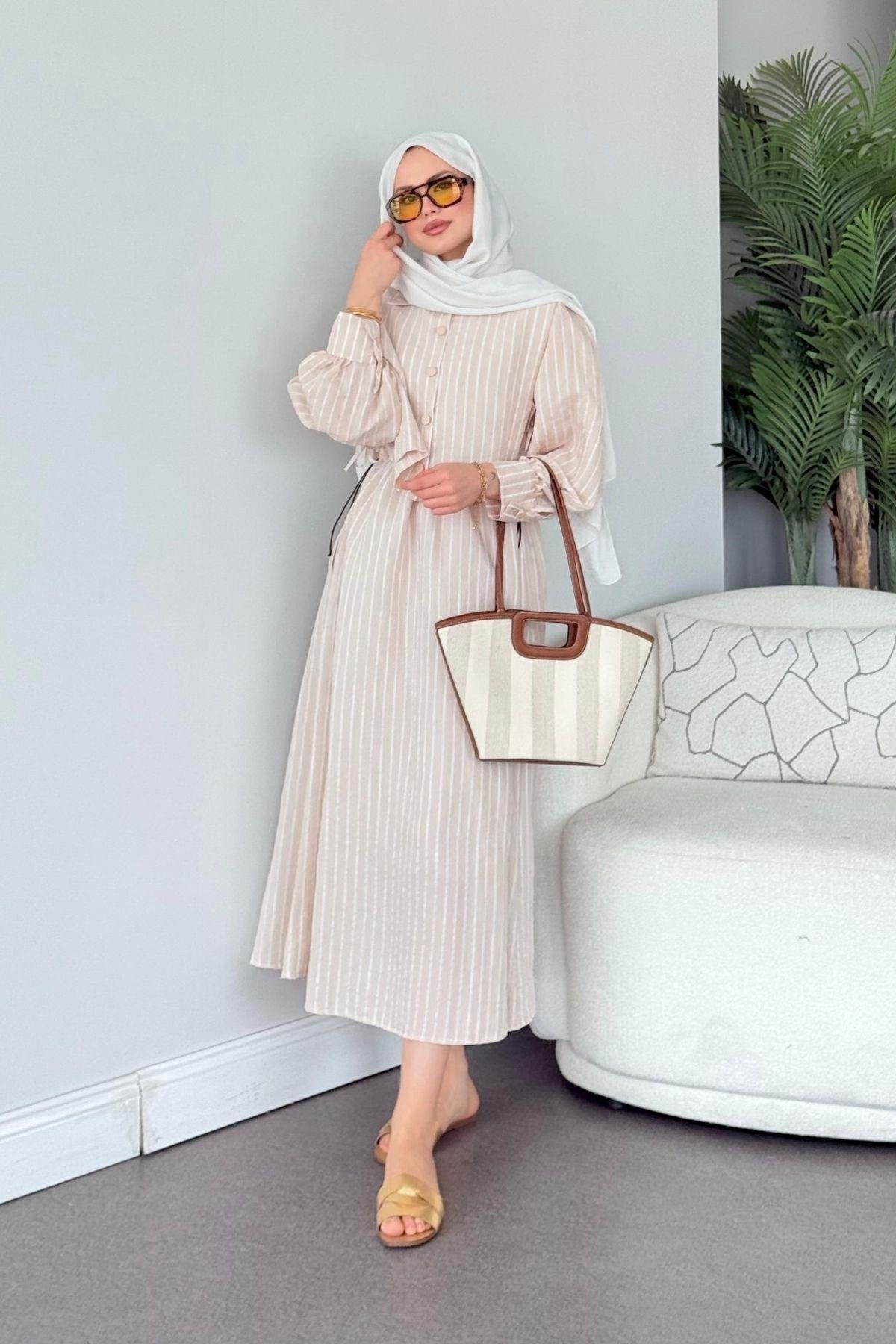 Malibu Çizgili Elbise Bej, Fiyatları Atina Keten Elbise Bej - Haza Moda