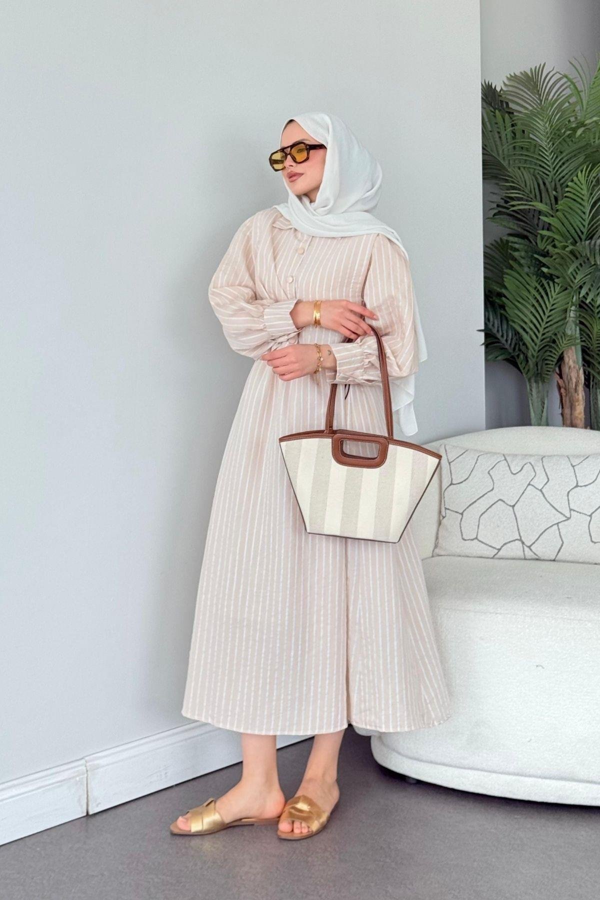 Malibu Çizgili Elbise Bej, Fiyatları Atina Keten Elbise Bej - Haza Moda