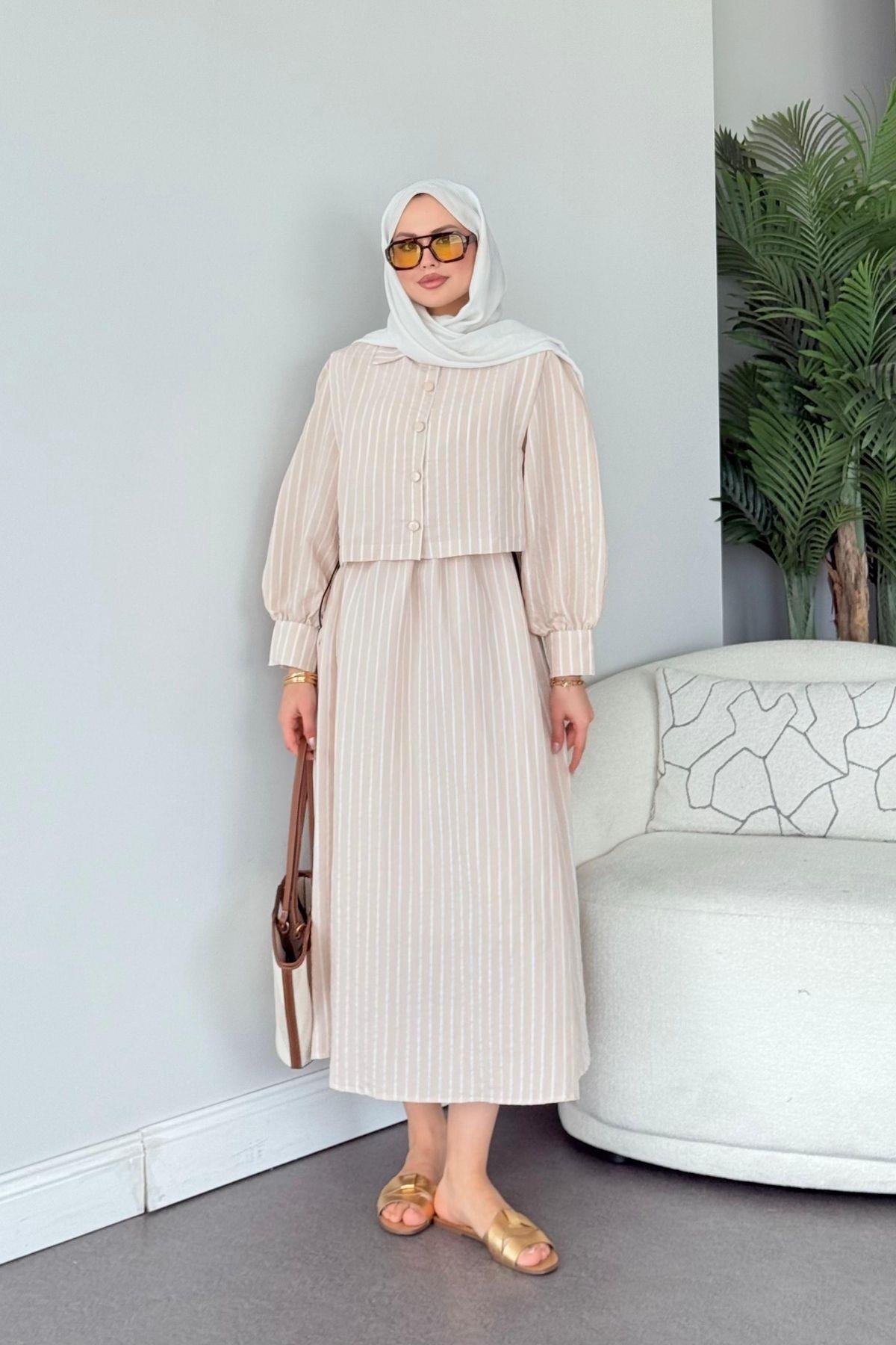 Malibu Çizgili Elbise Bej, Fiyatları Atina Keten Elbise Bej - Haza Moda