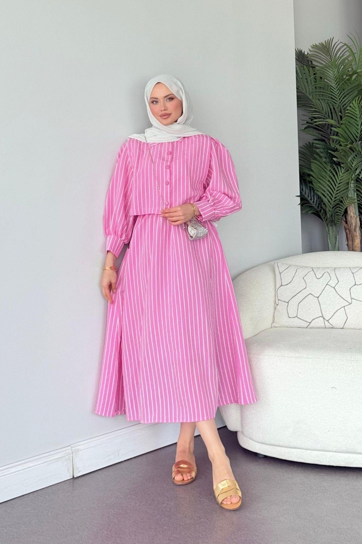 Malibu Çizgili Elbise Fuşya, Fiyatları Atina Keten Elbise Fuşya- Haza Moda