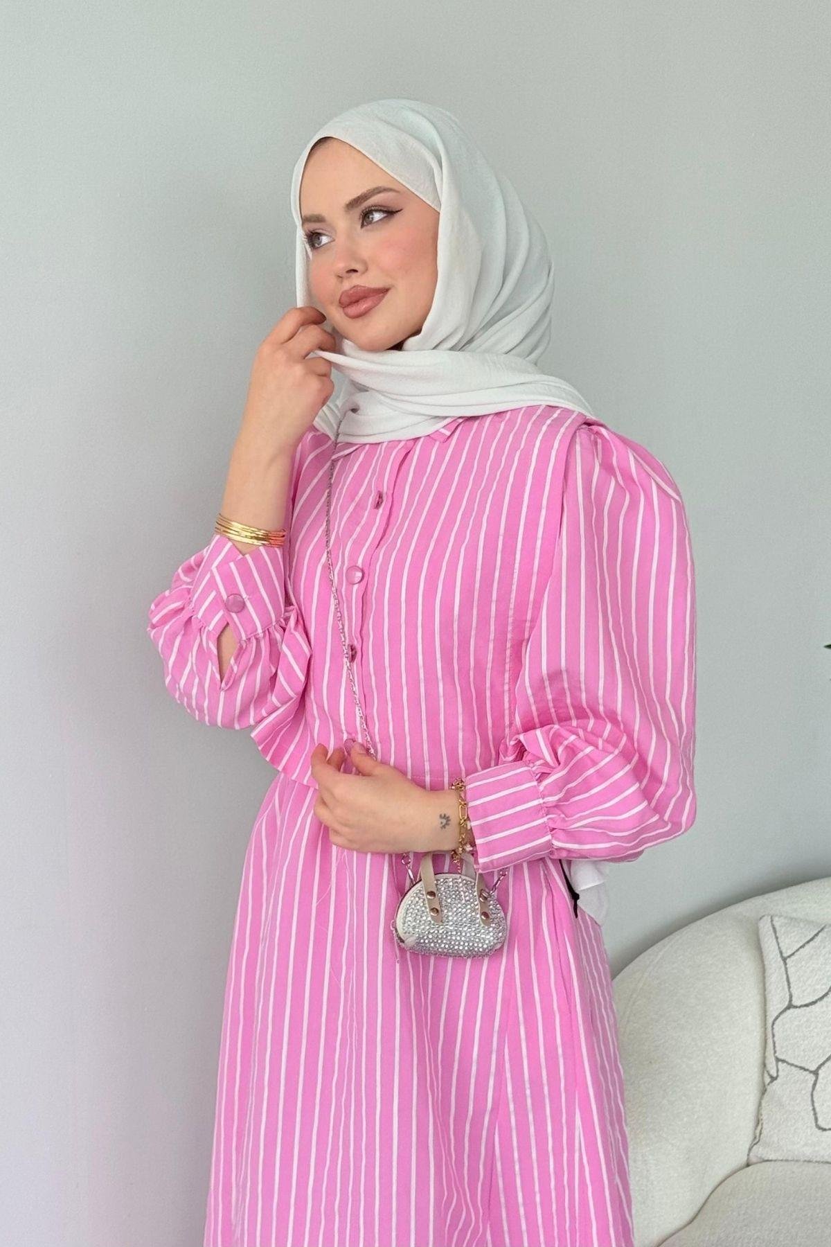 Malibu Çizgili Elbise Fuşya, Fiyatları Atina Keten Elbise Fuşya- Haza Moda