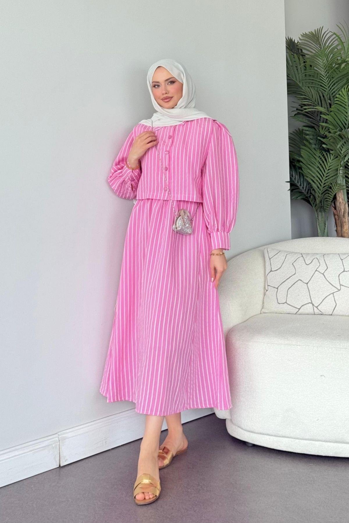 Malibu Çizgili Elbise Fuşya, Fiyatları Atina Keten Elbise Fuşya- Haza Moda