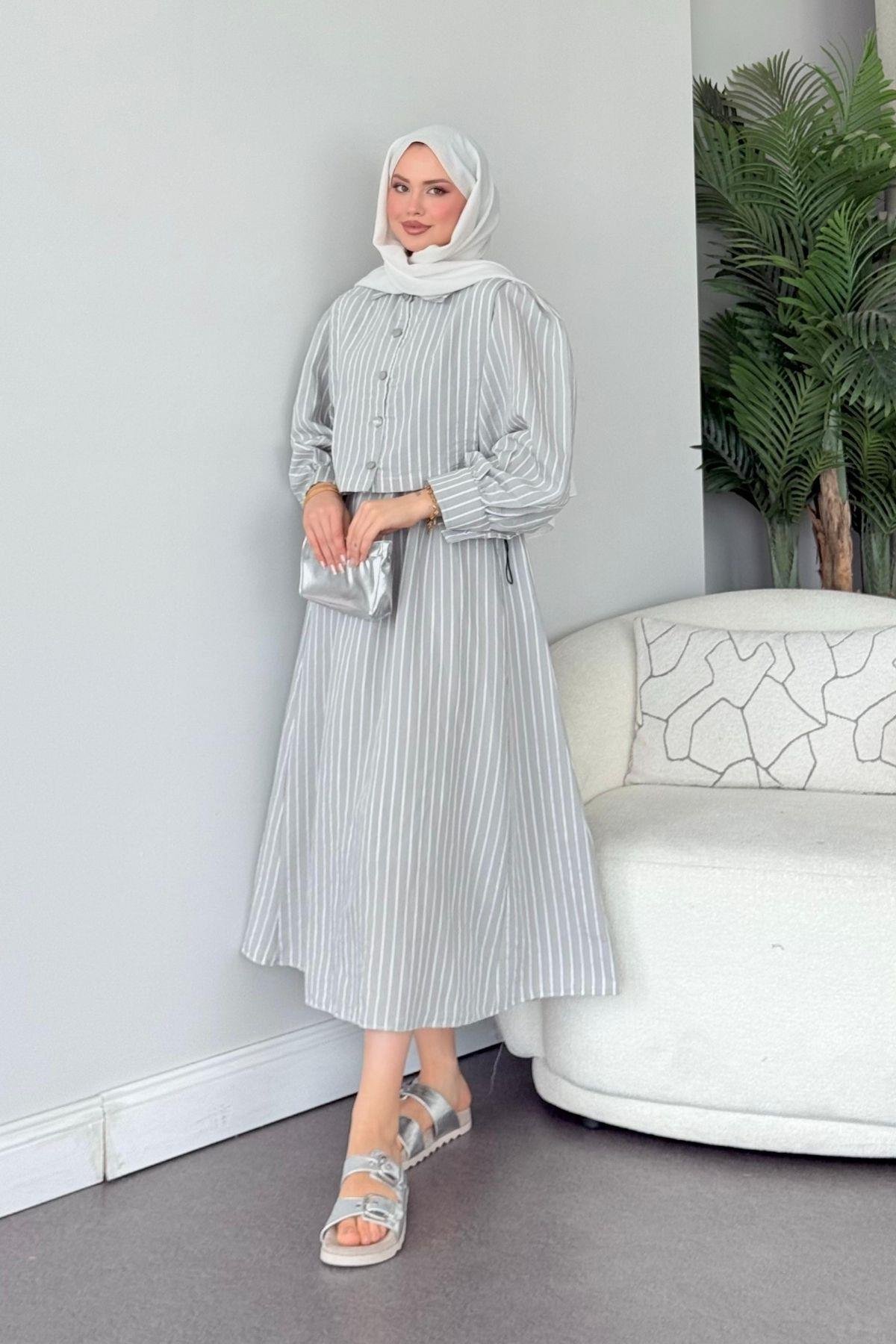 Malibu Çizgili Elbise Gri, Fiyatları Atina Keten Elbise Gri- Haza Moda