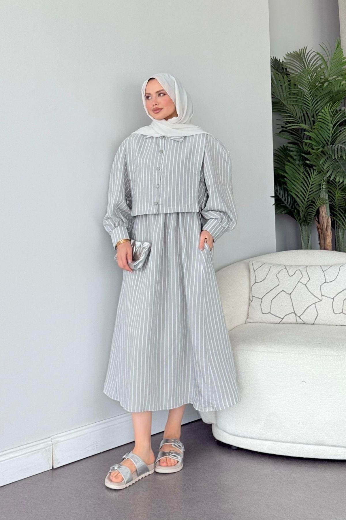 Malibu Çizgili Elbise Gri, Fiyatları Atina Keten Elbise Gri- Haza Moda