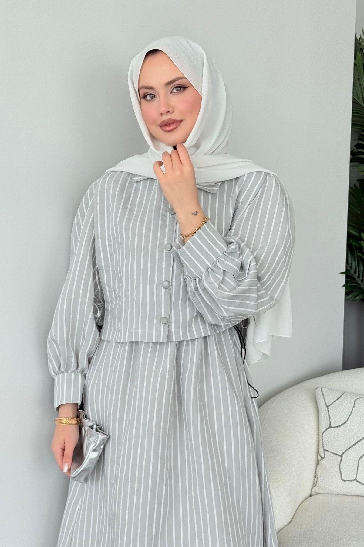 Malibu Çizgili Elbise Gri, Fiyatları Atina Keten Elbise Gri- Haza Moda