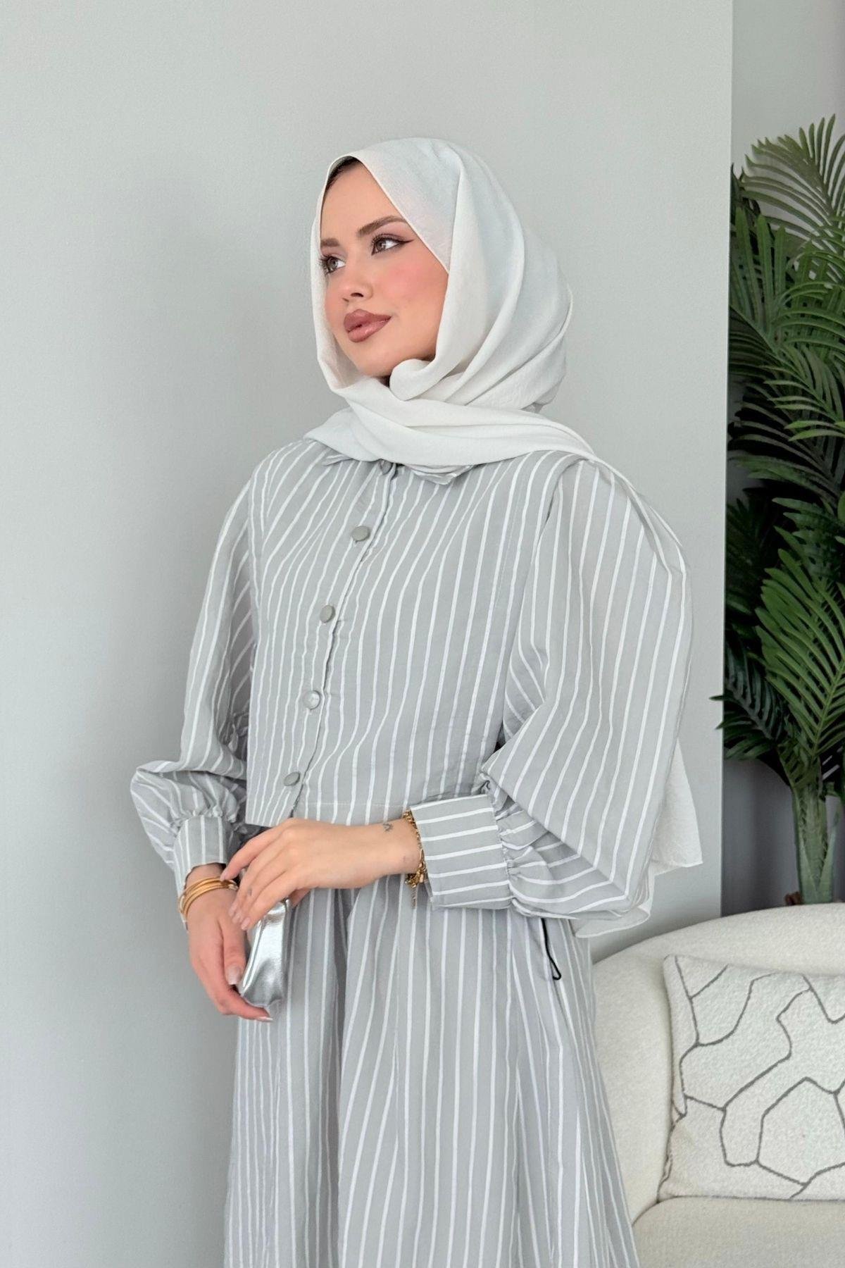 Malibu Çizgili Elbise Gri, Fiyatları Atina Keten Elbise Gri- Haza Moda