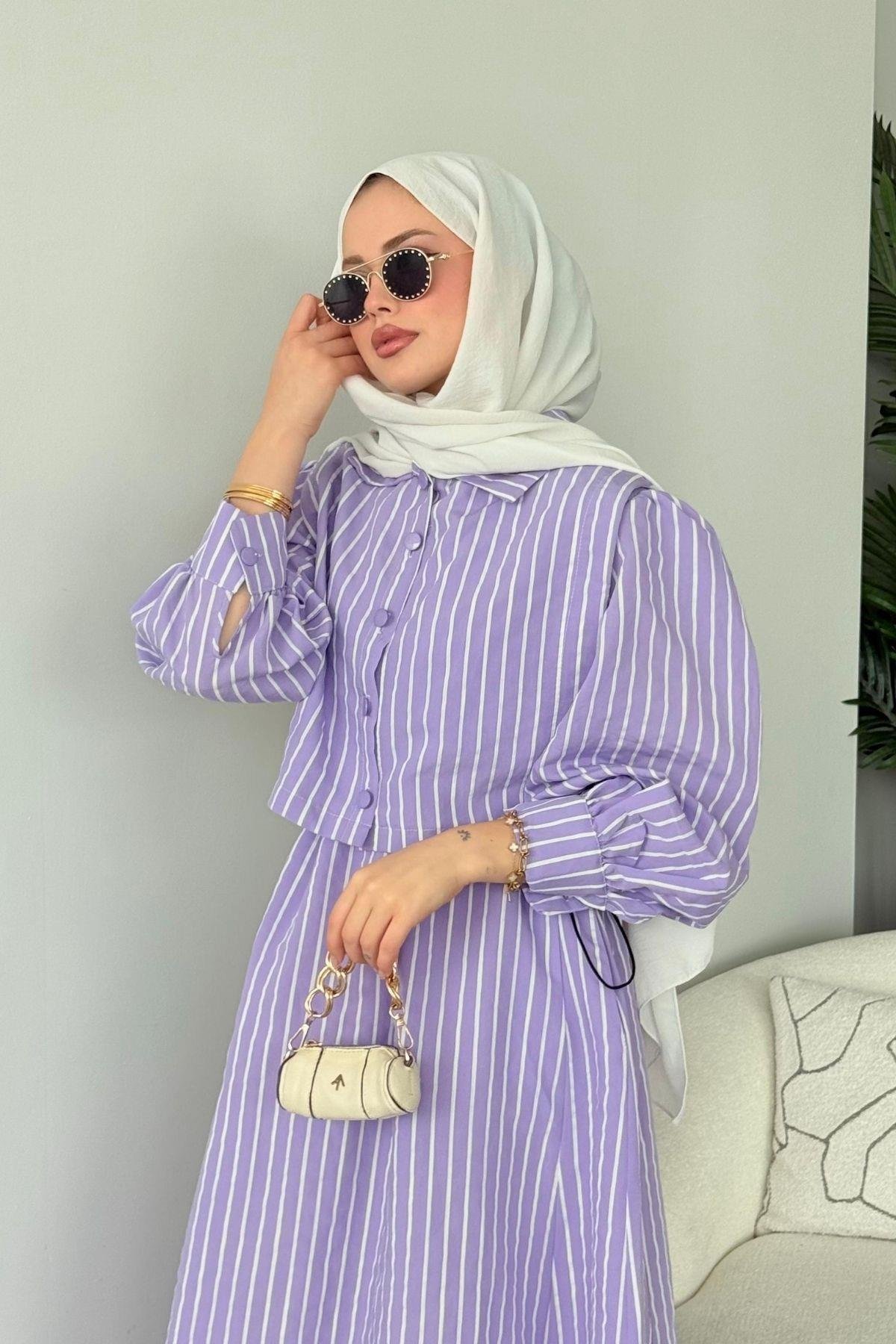 Malibu Çizgili Elbise Lila, Fiyatları Atina Keten Elbise Lila- Haza Moda