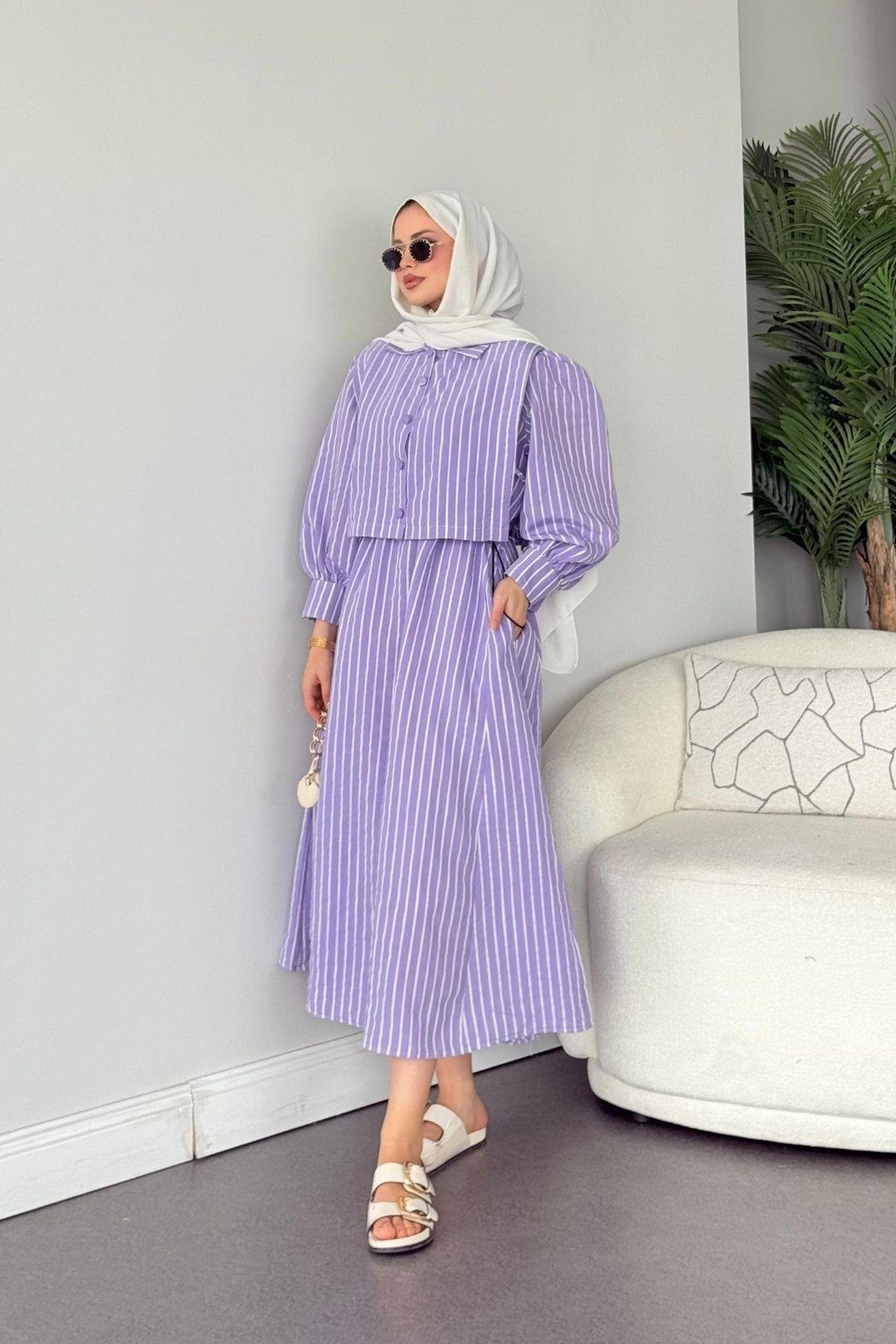 Malibu Çizgili Elbise Lila, Fiyatları Atina Keten Elbise Lila- Haza Moda