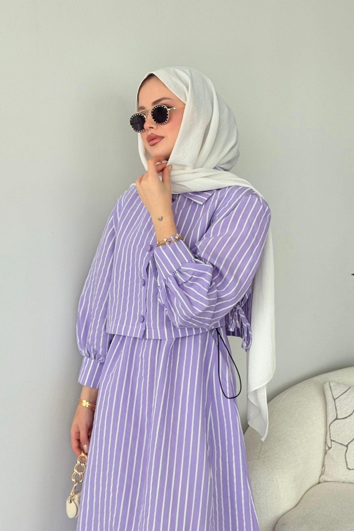 Malibu Çizgili Elbise Lila, Fiyatları Atina Keten Elbise Lila- Haza Moda