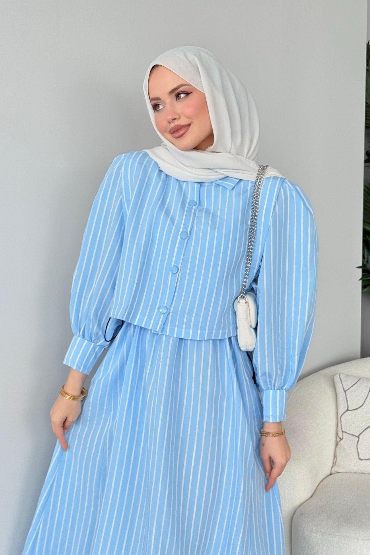 Malibu Çizgili Elbise Mavi, Fiyatları Atina Keten Elbise Mavi- Haza Moda